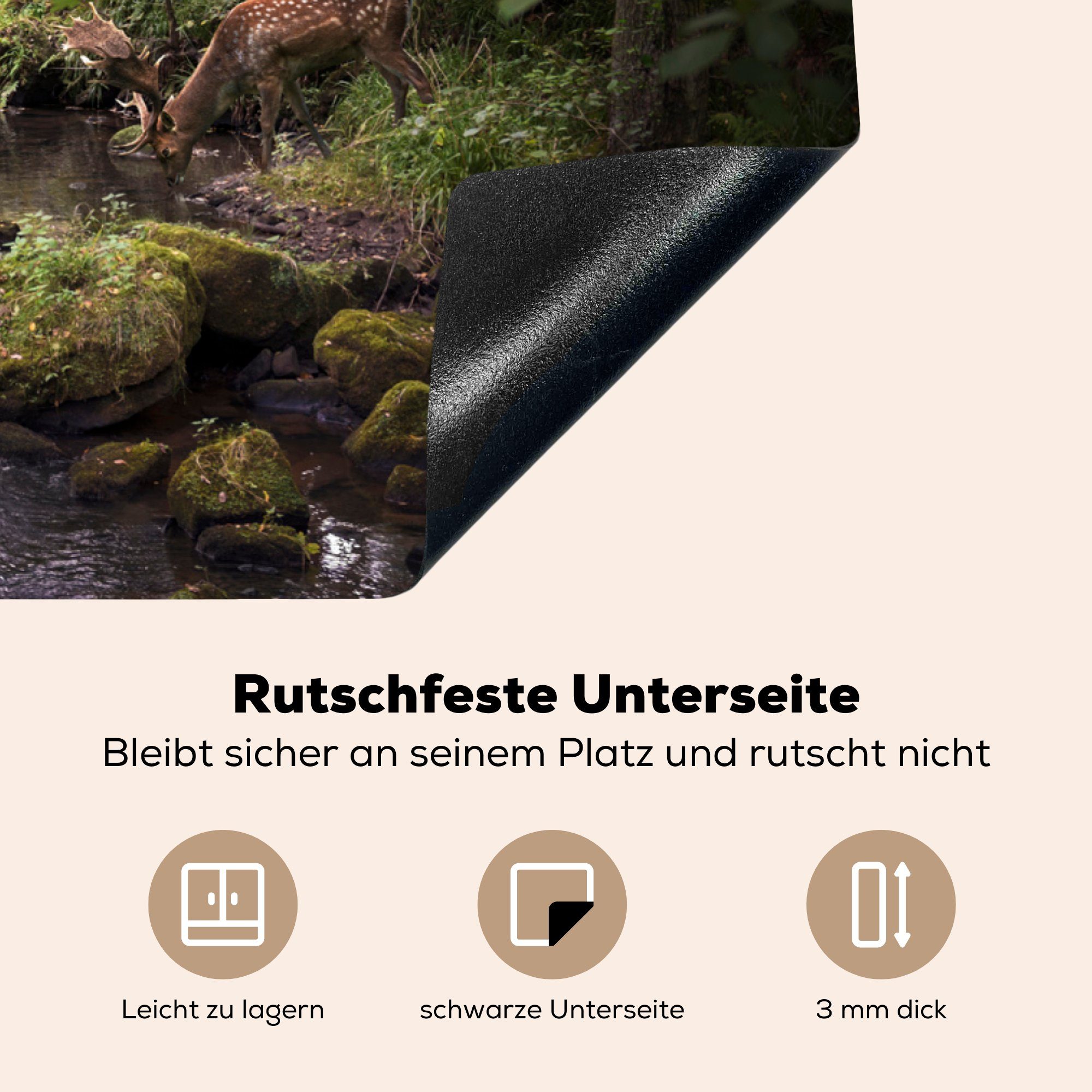 Herdblende-/Abdeckplatte küche, - - (1 Schutz Baum Hirsch Ceranfeldabdeckung tlg), cm, MuchoWow Vinyl, Wald, Induktionskochfeld für die 81x52