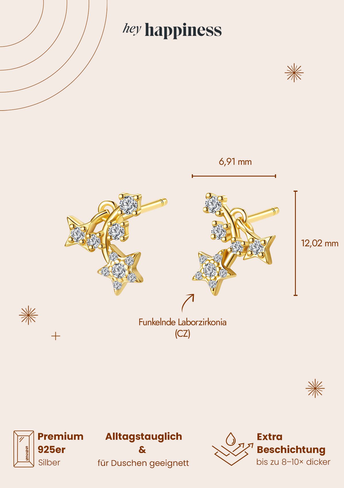 Hey Happiness Paar Ohrstecker Stern Nachthimmel, mit Zirkonia, Zarte Kleine Damen Ohrringe Silber 925
