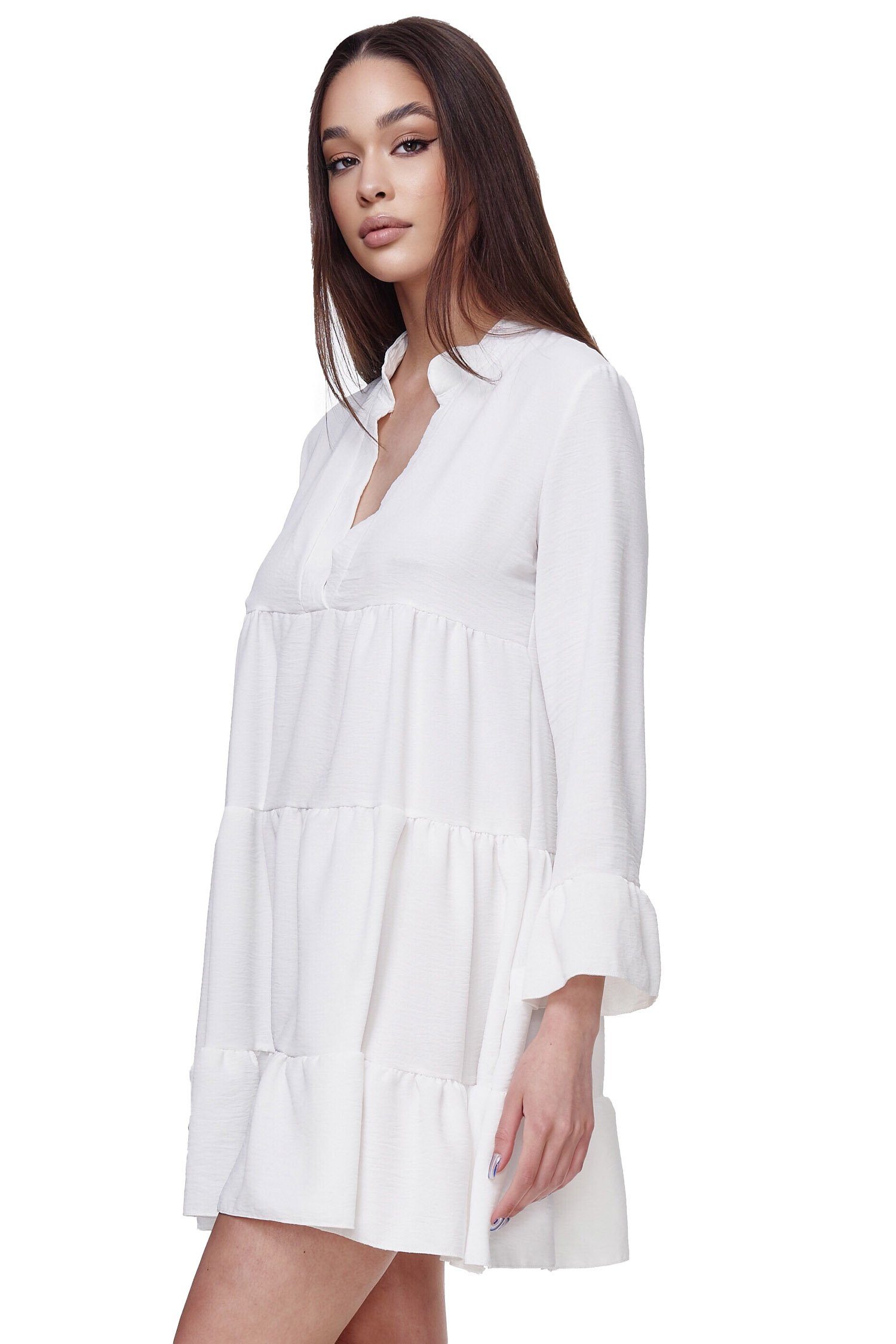 Rayshyne Minikleid RS-04 (Midi Tunika Sommer Kleid mit Rüschen) Weiß