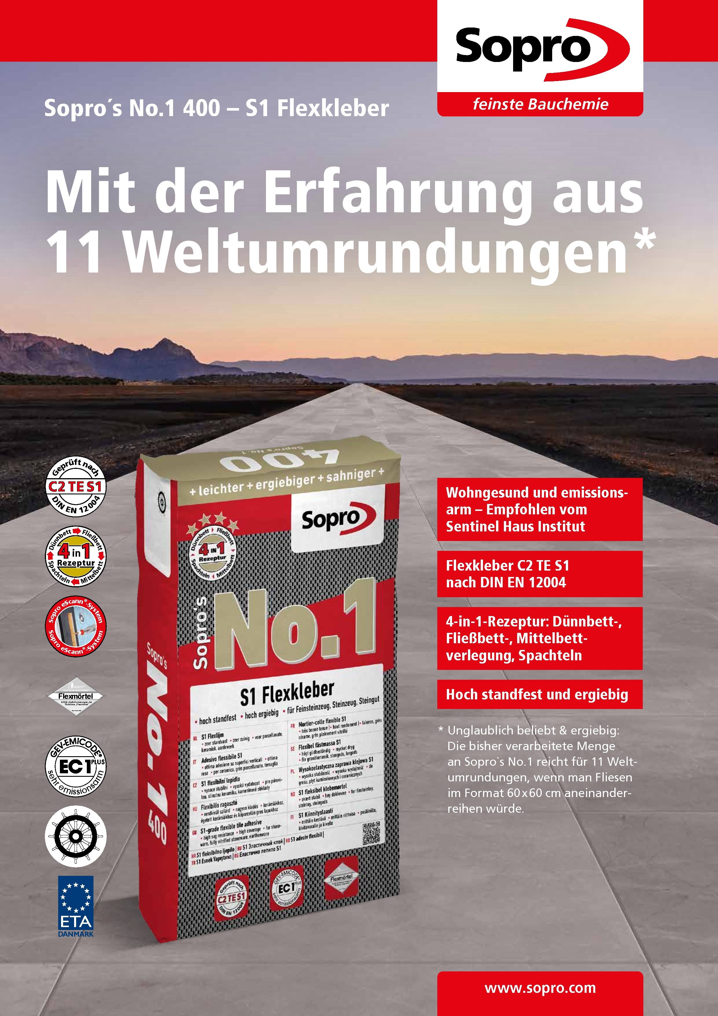 Sopro Bauchemie GmbH Fliesenkleber Sopro No.1 400 Flexkleber Fliesenkleber Klebemörtel C2TE S1 grau 25kg, 25,00 kg, S1 Flexkleber, C2TE S1, Fliese auf Fliese, Fußbodenheizungen geeignet