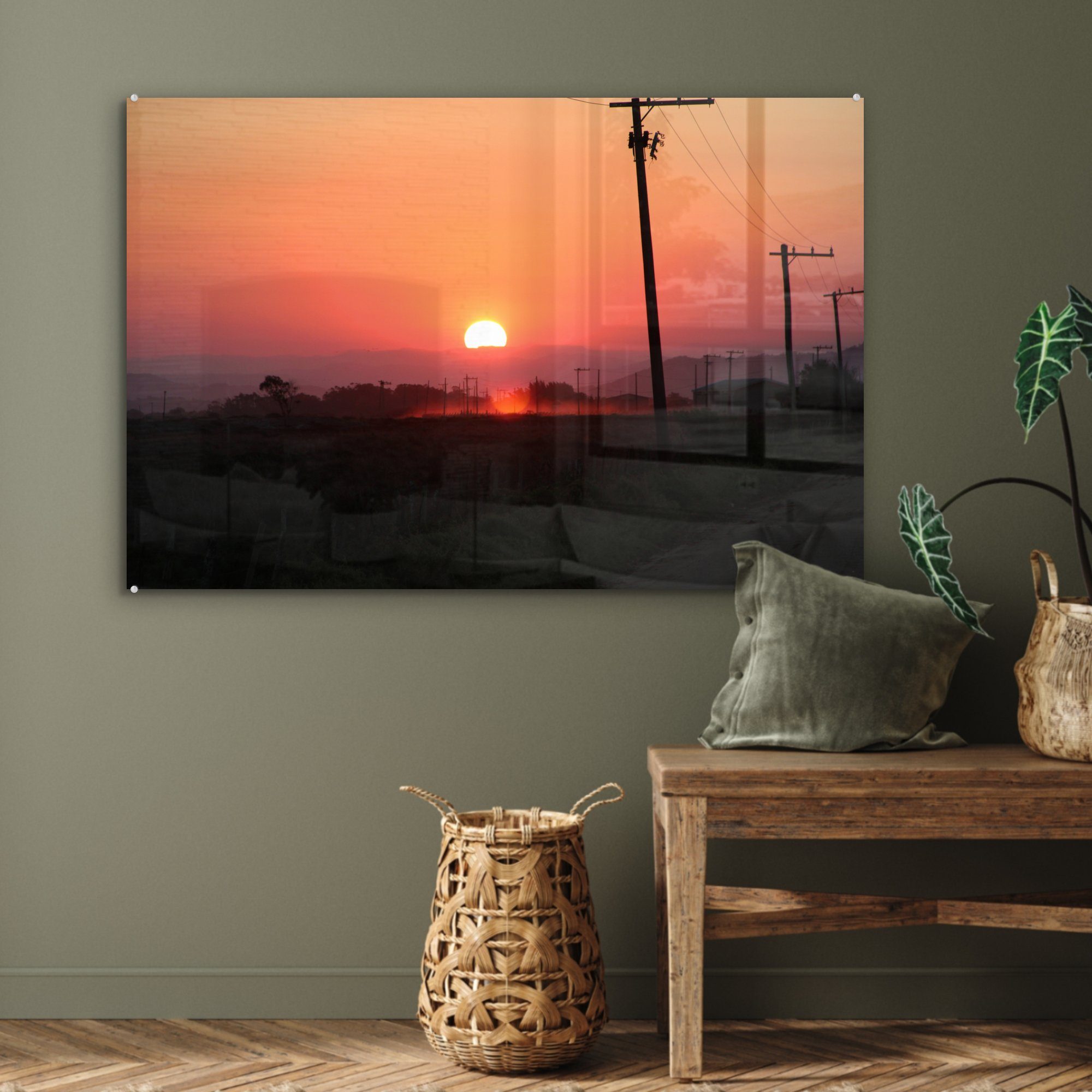 MuchoWow Acrylglasbild Ein Bild Wohnzimmer Strommasten, des Nähe mit & Acrylglasbilder der in (1 einer St), Schlafzimmer Straße Sonnenuntergangs