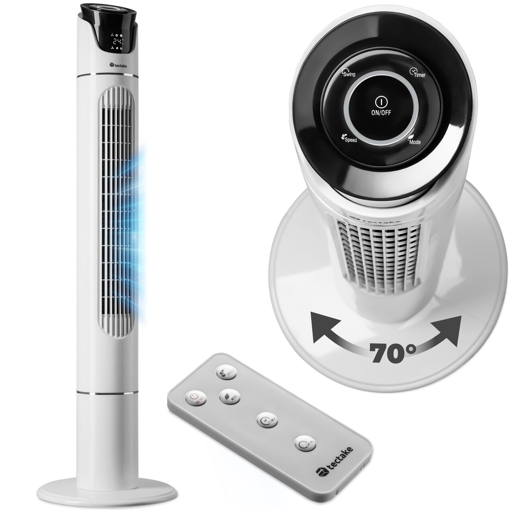 tectake Turmventilator Standlüfter in weiß, oszillierend, Inkl. Fernbedienung, 31 x 110 cm, 3 Modi, mit Timer-Funktion, LED-Bedienfeld