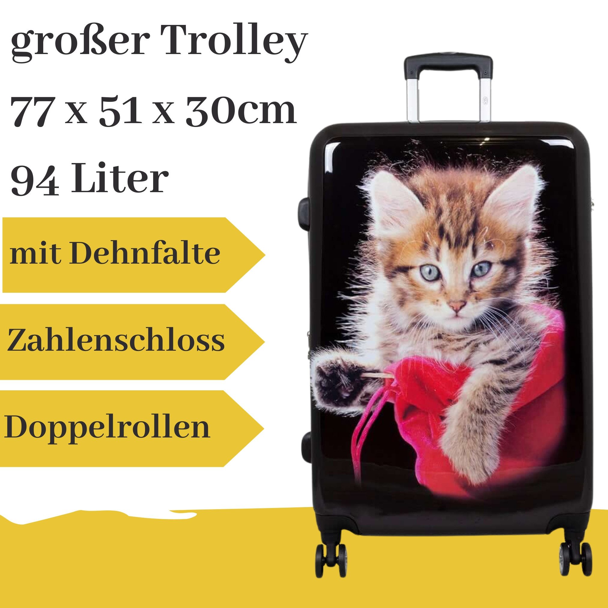 MONOPOL® Hartschalen-Trolley großer Hartschalentrolley mit Katze schwarz, 94 Liter