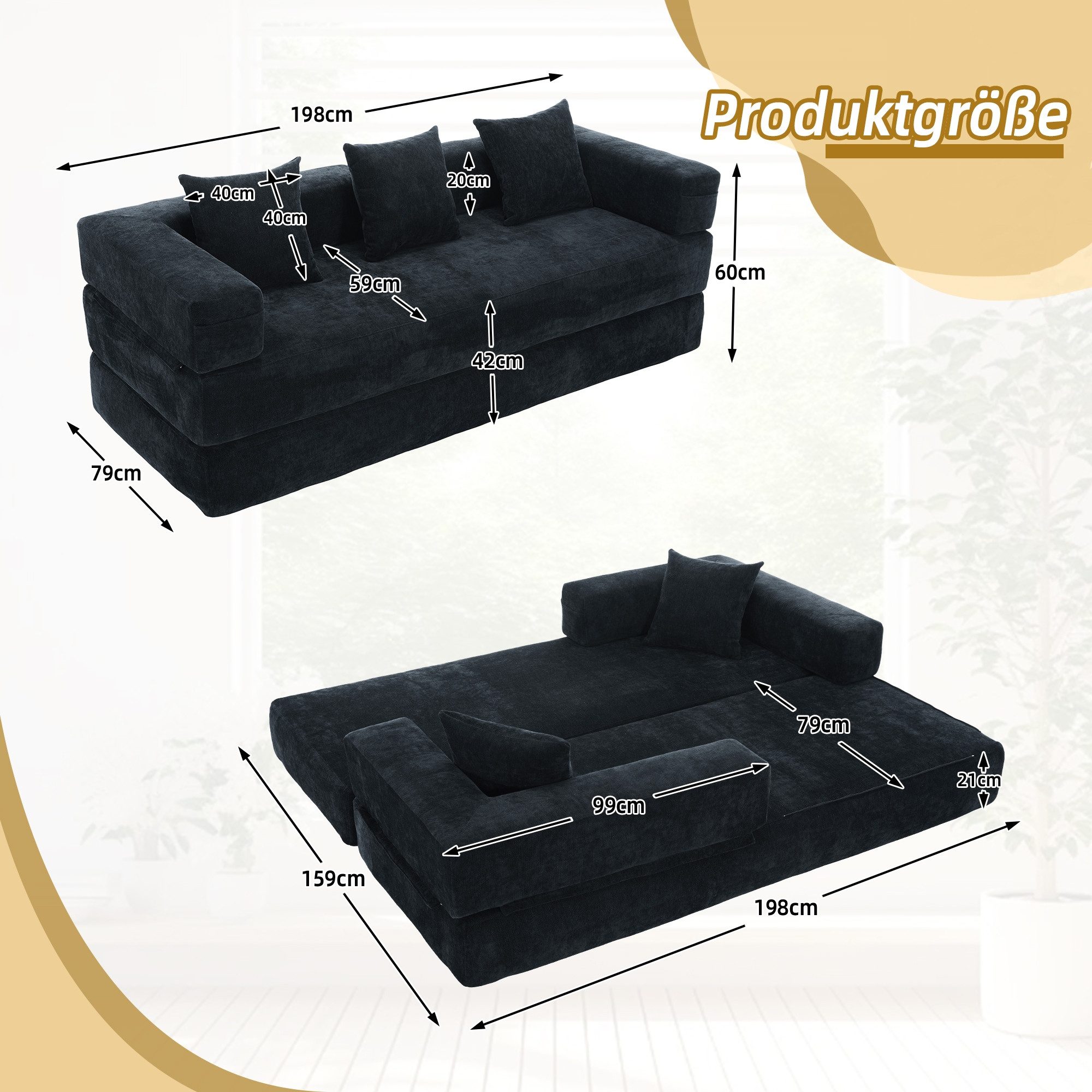 LVHOM Loungesofa 3 Sitzer Sofa mit Schlaffunktion, Formveränderung, mit Seitentaschen, Rutschfeste Unterseite, zwei Kissen verbunden mit Reißverschluss, modular frei kombinierbar (mit festen Armlehnen) für Sofa/Liege/Spielzentrum. Premium Chenille (superweich). Schaumstoff-Füllung (schnelle Rückfederung). Tiefe Sitzfläche (Komfort), in Wohnzimmer,Kinderzimmer, Homeoffice, Leseecke, Spielzimmer