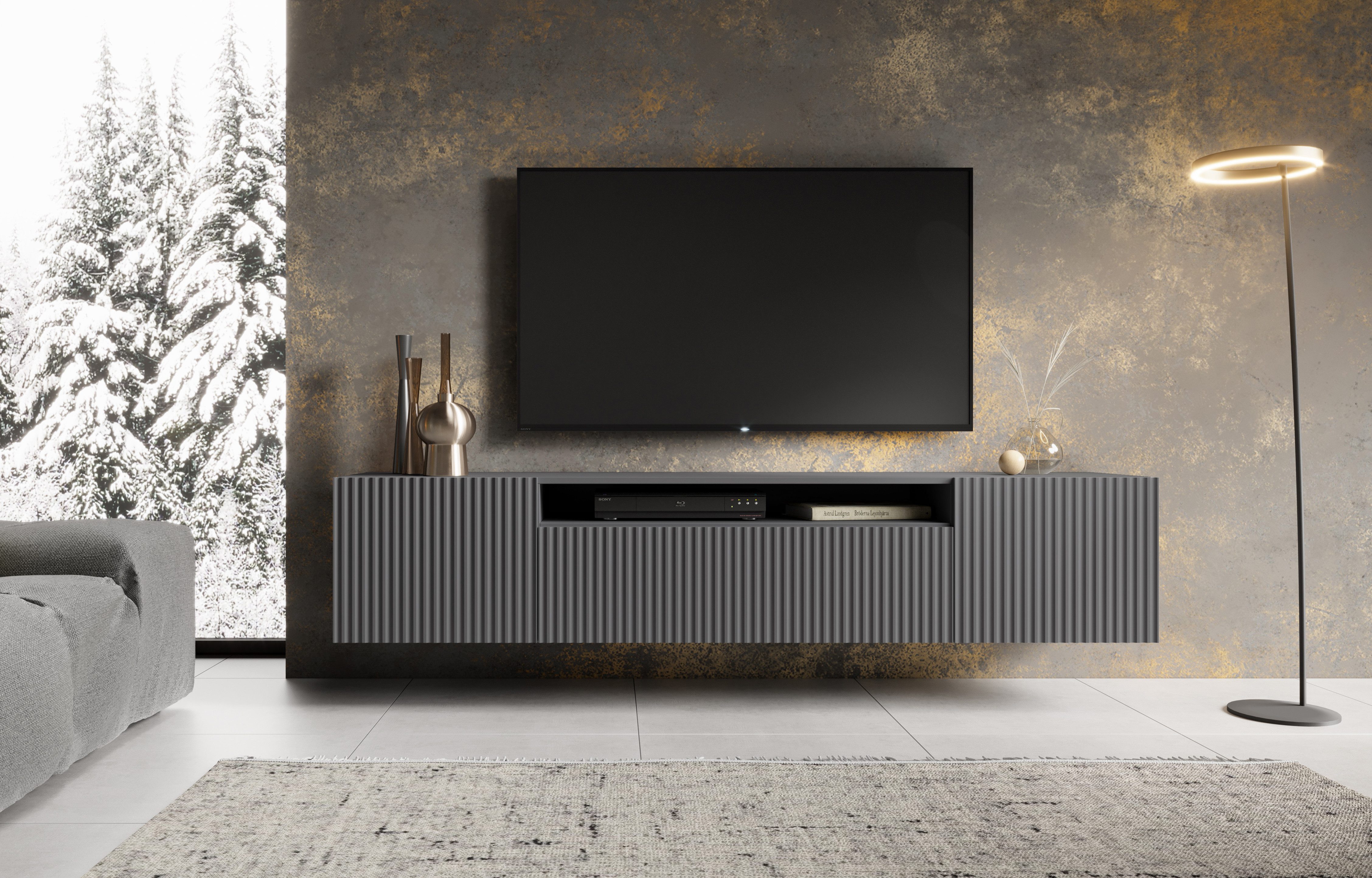 MOEBLO TV-Board VIRENO (TV-Schrank – modern, stehend oder hängend, mit geräumigen Fächern & stilvollen Fronten, 200 cm, verschiedene Farben), (BxHxT): 200 x 53 x 41 cm