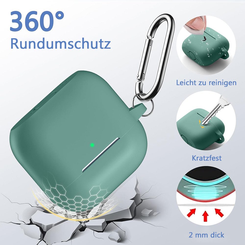 TUWENA Kopfhörer-Schutzhülle Silikon Hülle Kompatibel mit AirPods 4, mit Reinigungsset & Karabiner, Support Wireless Charging and Front LED Visible mit Schlüsselring
