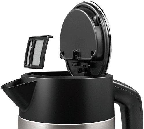 BOSCH Wasserkocher DesignLine TWK4P440, Ausgießen ohne Spritzer, Tassenanzeige, 1,7 l, 2400 W, Wasserstandsanzeige, Überhitzungsschutz, Edelstahl/schwarz