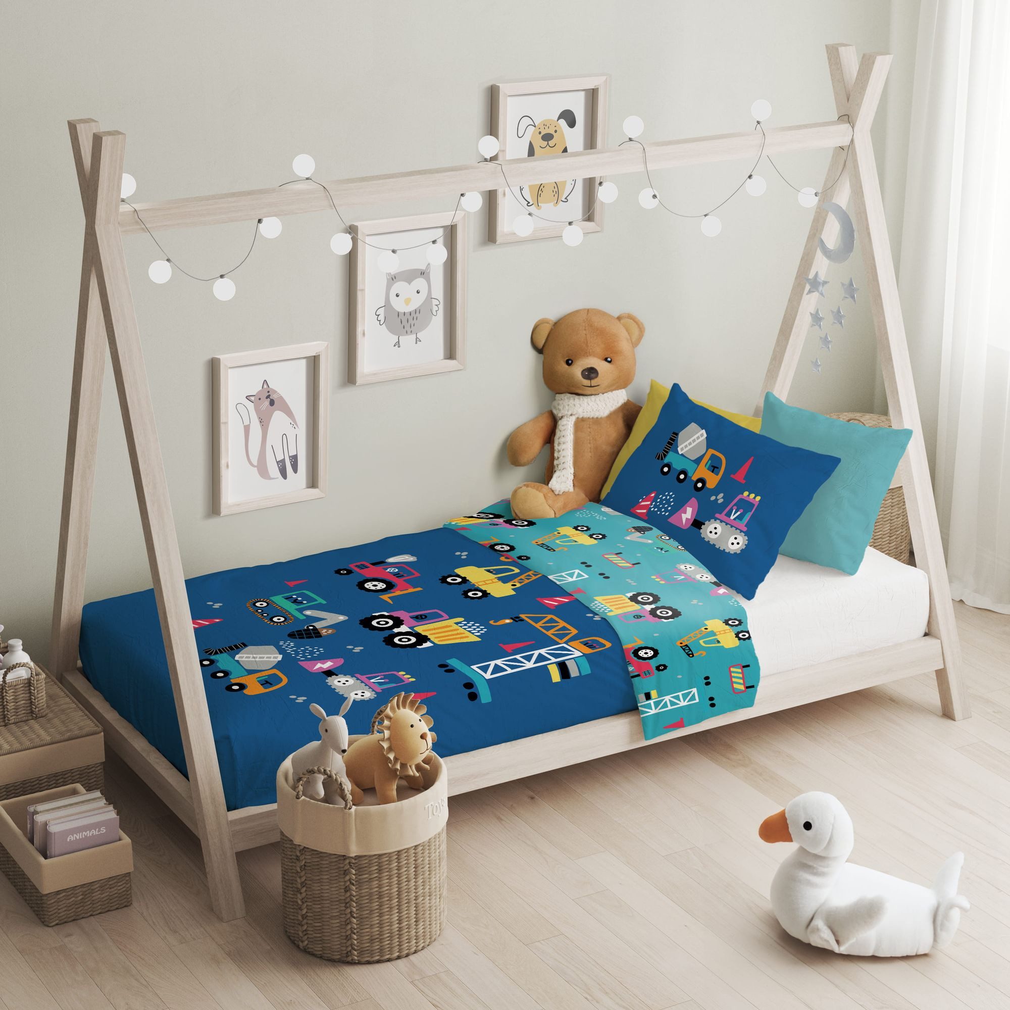 Faro Babybettwäsche Baby Bettwäsche Set Baustelle blau 2 tlg. 100x135 cm 100% Baumwolle, 1 teilig, Langlebig