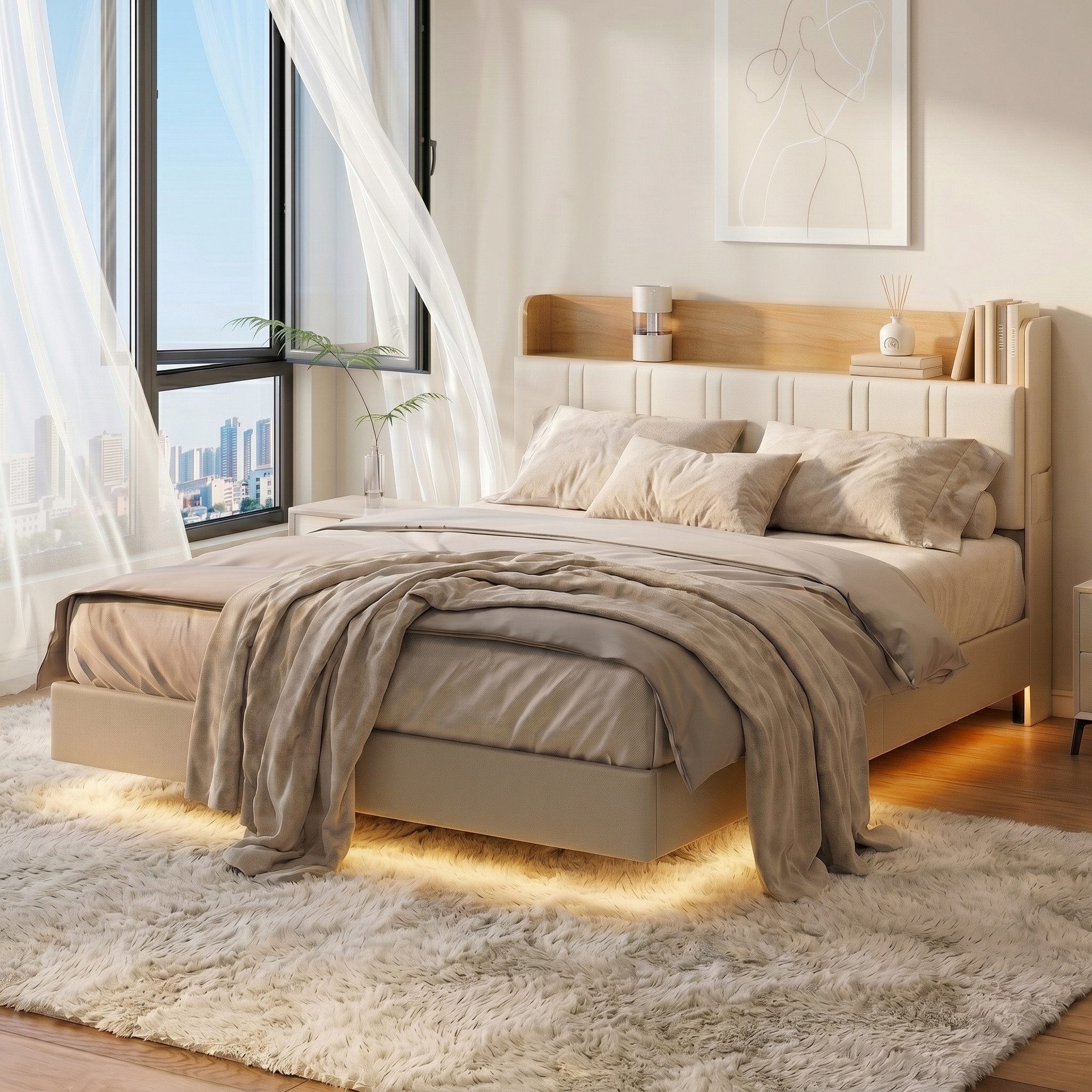 Polsterbett LED Stauraumbett 160x200 cm Weiß mit USB-Anschluss & Stauraumkopfteil