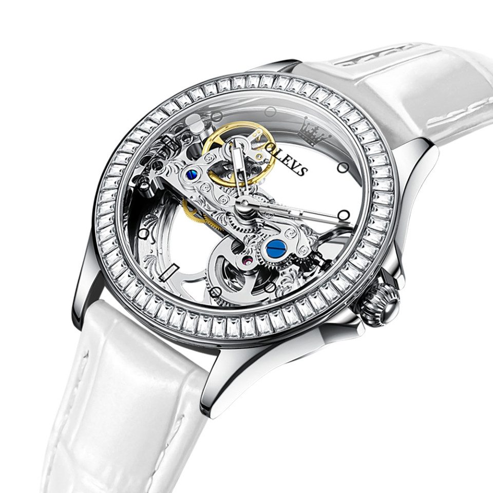 OLEVS Automatikuhr Luxus Frauen Automatikuhr Damenuhr Mechanisch mit Diamanten, Skelett Zifferblatt mit offener Unruhe & Diamantenlünette