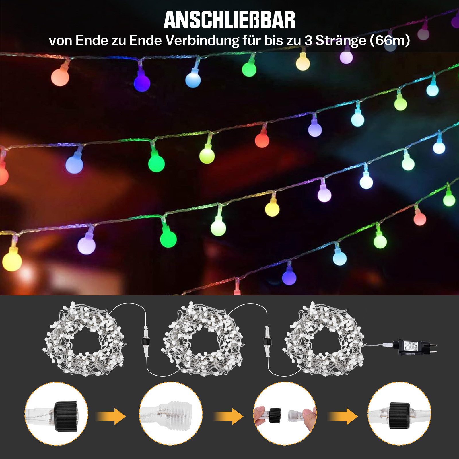 XERSEK LED-Lichterkette mit Fernbedienung Kugel Weihnachts Beleuchtung IP44 Warmweiß Bunt, 150-flammig, LED Lichter 9 Modi Garten Außen Innen Dekor Winterdeko Dekolicht