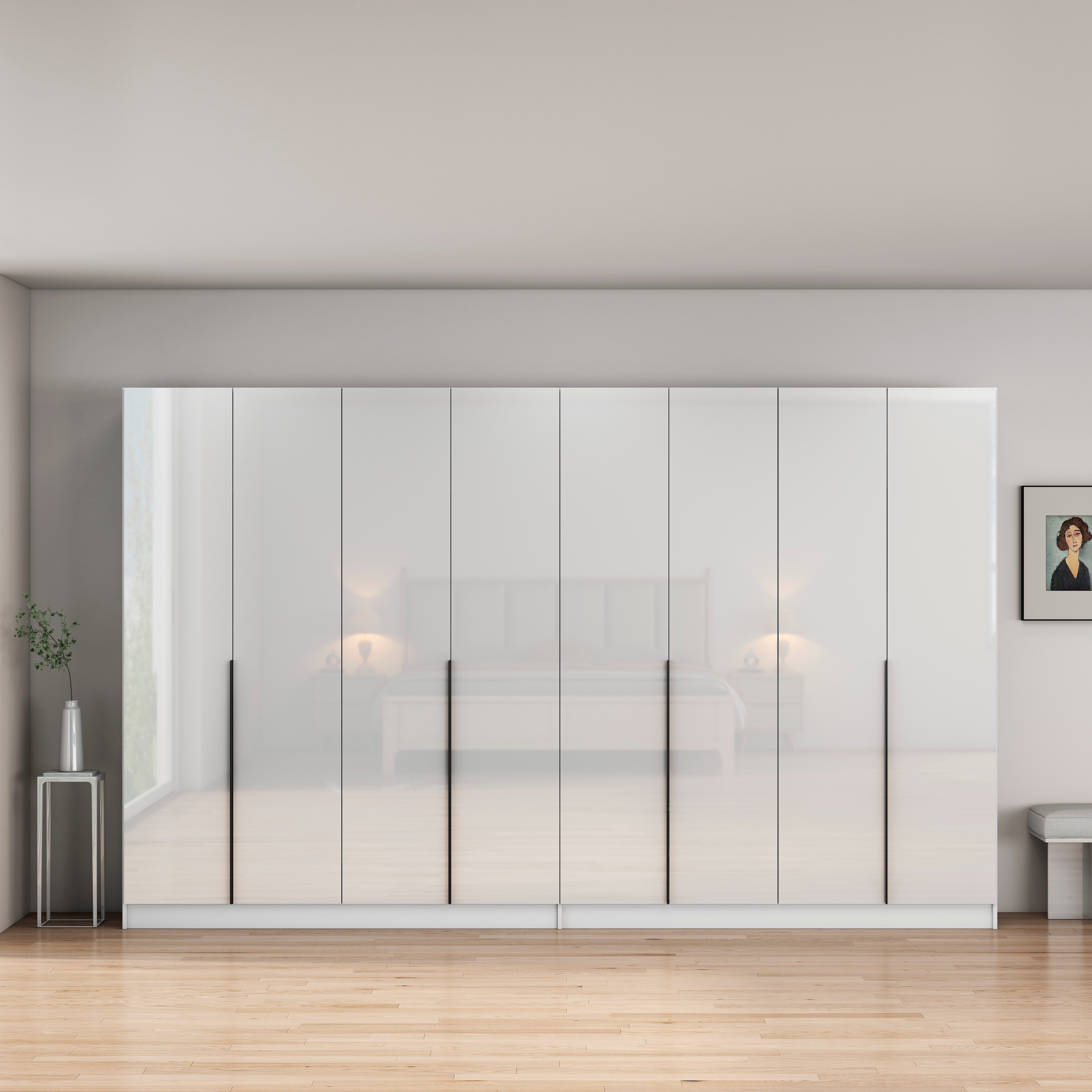OTTO home Kleiderschrank Annor Schlafzimmerschrank Breite 323 cm hochglanz Schrank Garderobe (mit 2 großen Spiegeln an den Innenseiten der Türen) Drehtürenschrank mit perfekter Innenausstattung - elegante Türgriffe