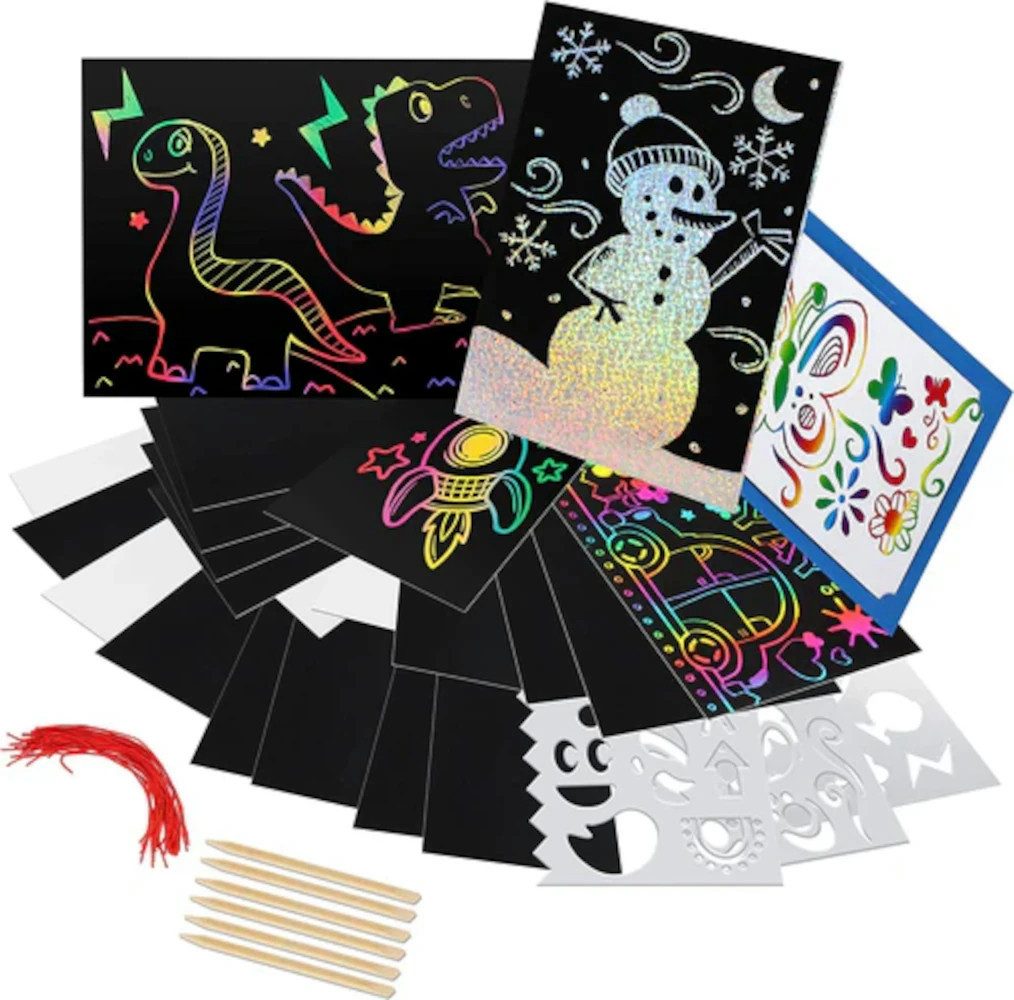 UE Stock Bastelkartonpapier 88-teiliges Kratzpapier-Set mit Zubehör, Kratzpapier-Set mit Stiften, Schablonen und Rahmen