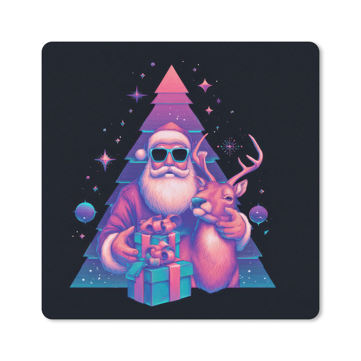 MuchoWow Mauspad Retro - Weihnachtsmann - Rentier - Weihnachtsbaum (1-St), Mauspad, Büro Zubehör, Dekoration, Desk Mat, 30x30 cm
