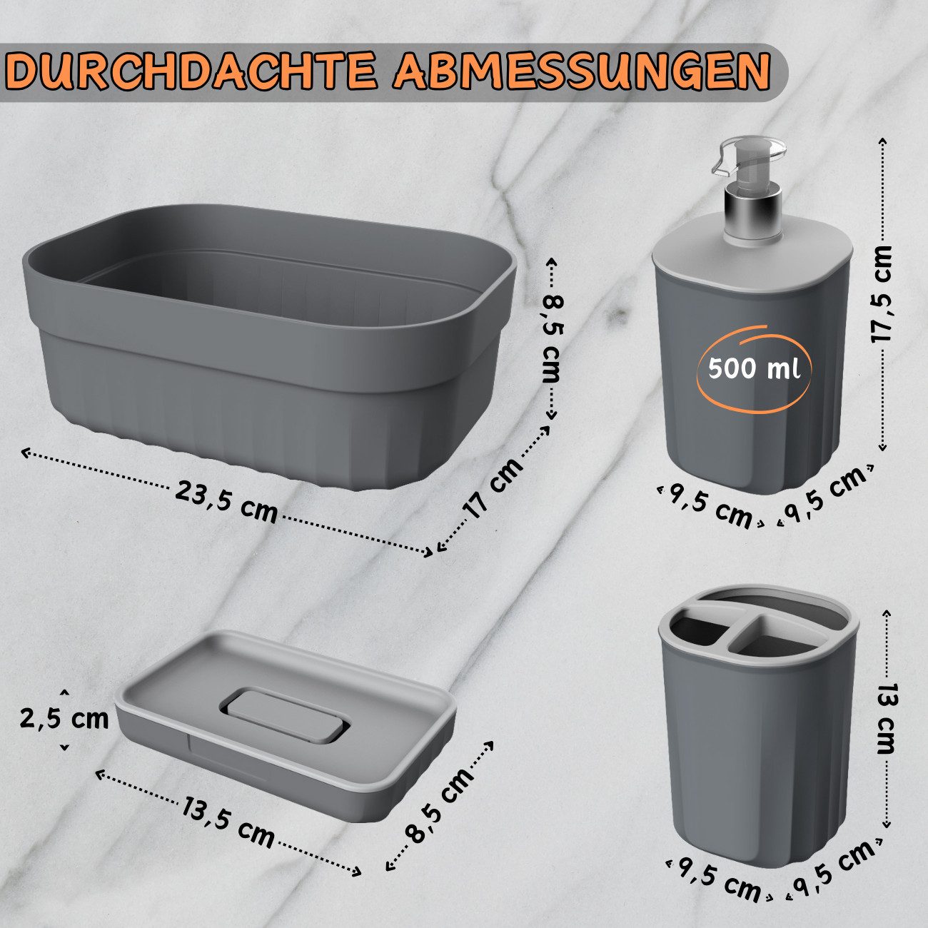 Engelland Badaccessoire-Set Badezimmer-Set, 4-teilig, bestehend aus Seifenspender, Seifenschale, Zahnbürstenhalter & Organizer, Vorteils-Set, 4 tlg., 4-teilig, modernes Design, robuster Kunststoff, BPA-frei, Rillen-Optik