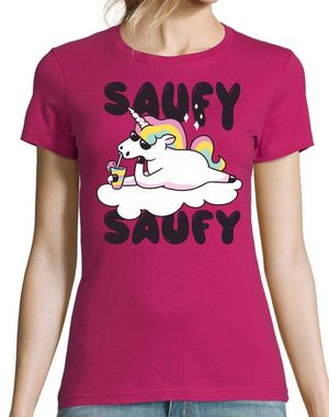 Youth Designz Print-Shirt SAUFY SAUFY Einhorn Damen T-Shirt mit Fun-Look Unicorn Aufdruck und lustigem Spruch