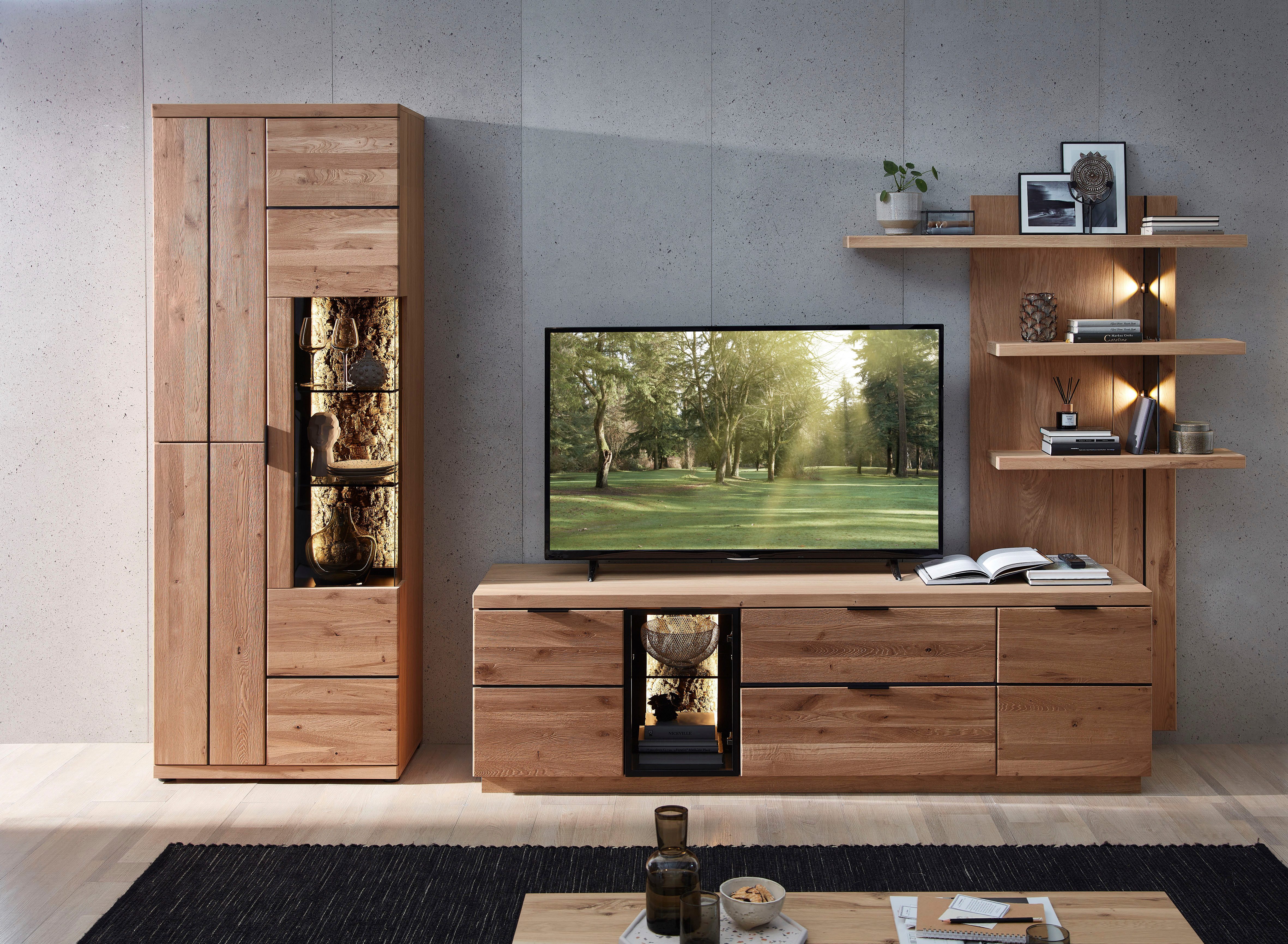 Innostyle Wohnwand Donna Wohnwand, 310x207x50 (BxHxT) Echtkork Absetzung, (3-St), Beleuchtung optional, Softclose, Vitrine L/R verwendbar