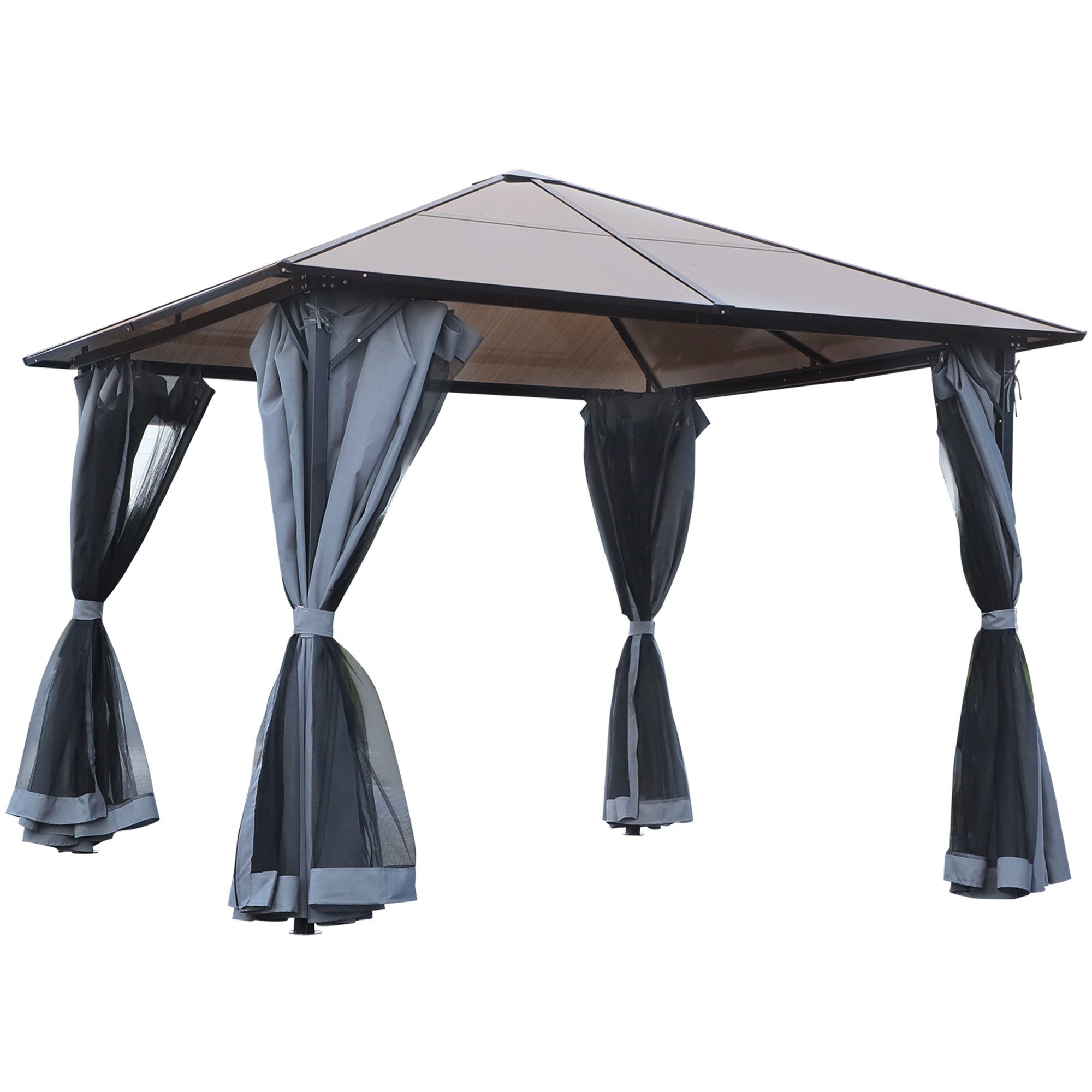 MC Star Pavillon Pavillon mit Polycarbonatdach, Vorhänge mit Fliegennetz, Alugestell, dunkelgrau, 3 x 3 m