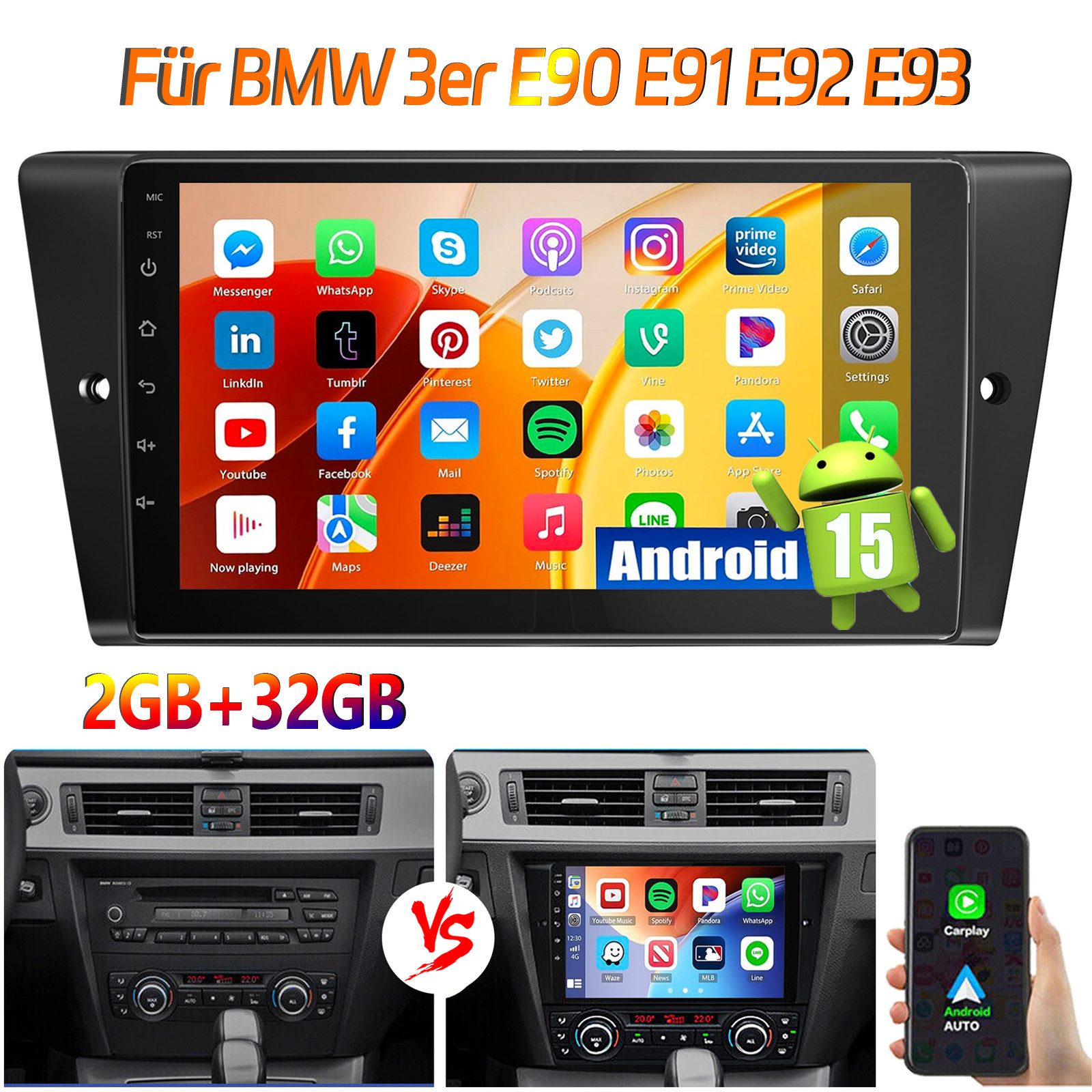 ESSGOO DAB+ Für BMW 3er E90 E91 E92 E93 9'' Carplay Android15 GPS WIFI BT Autoradio (RDS, 4+64GB(optional), DAB (optional), FM, AM, DAB+ (optional), Carplay Android Auto Bluetooth EQ USB GPS Navi WIFI Touchscreen)