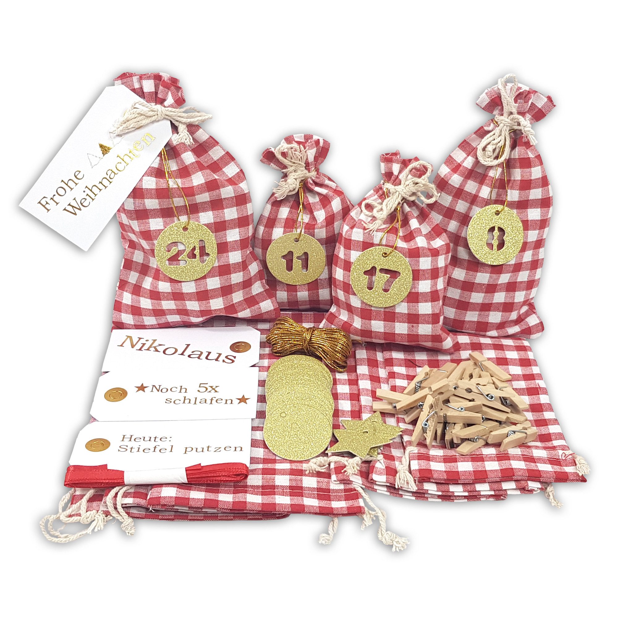 Frau WUNDERVoll befüllbarer Adventskalender Adventskalender Schneeflöckchen Baumwollbeutel rot/weiß kariert