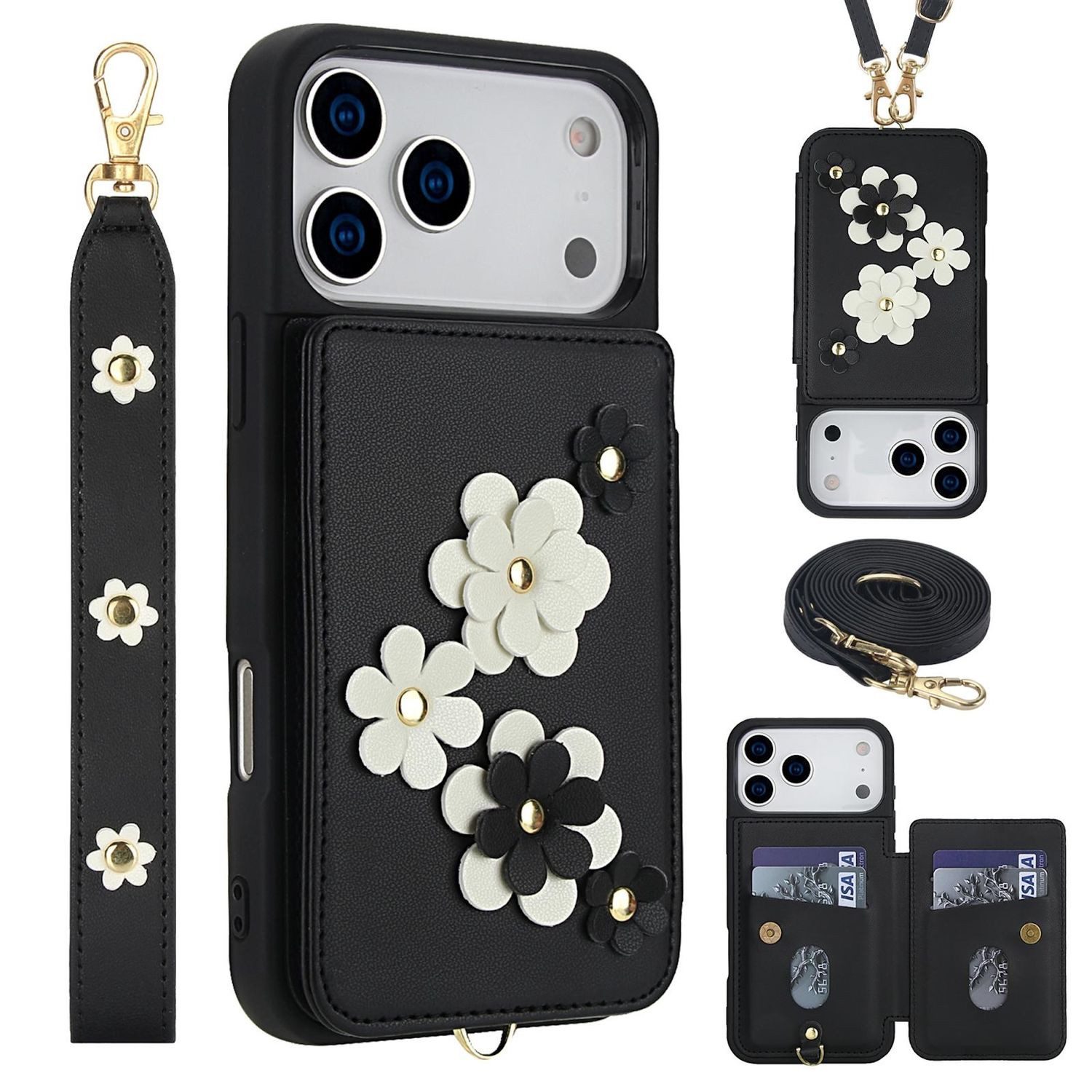 Wigento Handyhülle Für Apple iPhone 17 Pro Crossbody Kunstleder Blumen Hülle Schwarz, Mit Kartenfächern, Gurt, Kickstand-Funktion