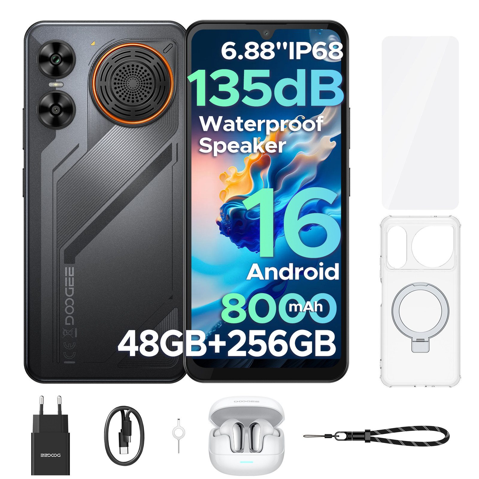 DOOGEE M30 Android 16 Handy, Kopfhörer, IP68, 6,88"mit Lautsprecher 256GB Smartphone (48(6+48)+256GB, 2TB, Dual-SIM, 135dB, NFC/Fingerabdruck/Face ID)