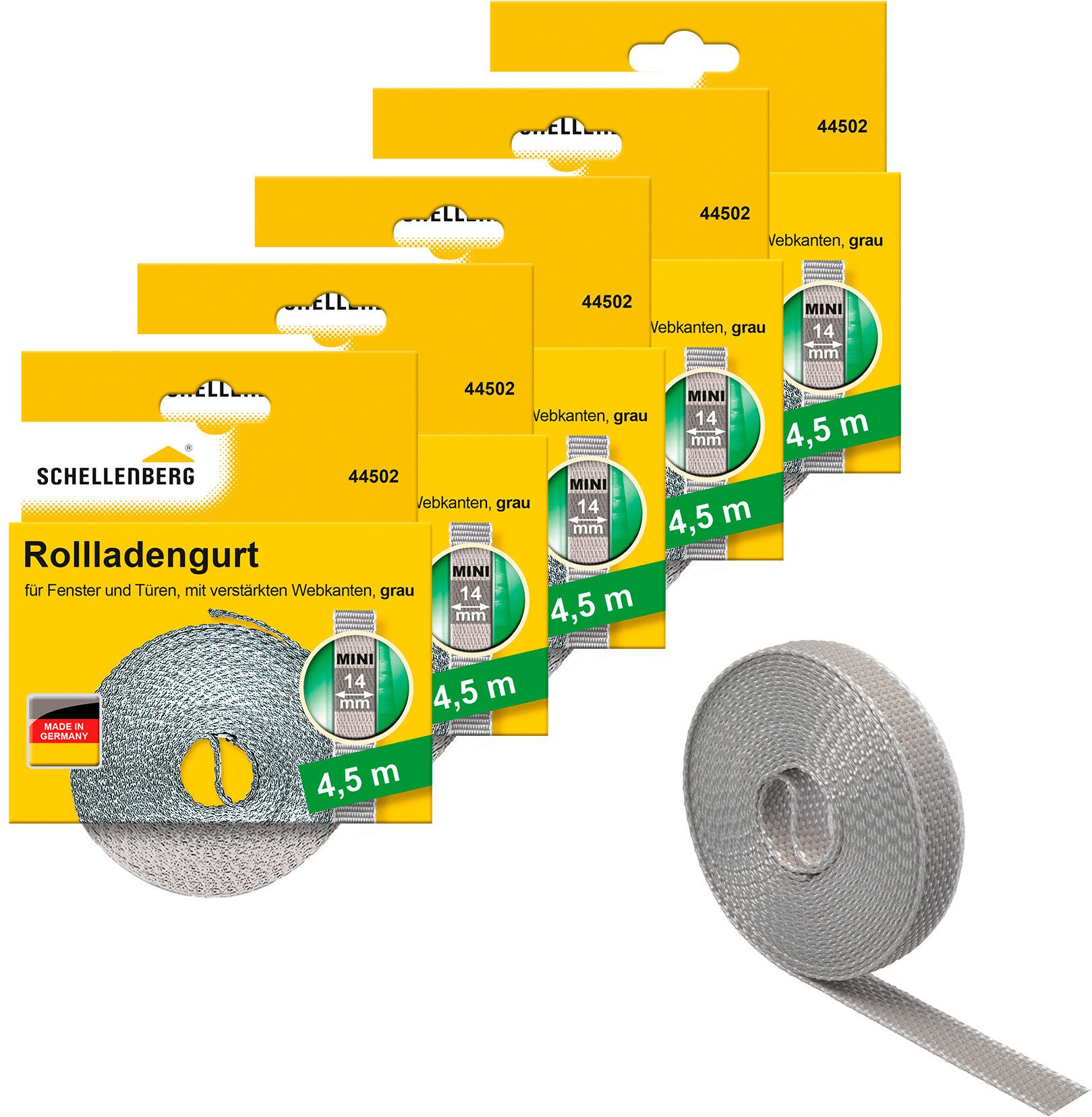 SCHELLENBERG Mini 14 mm, 4,5 m, zur Bedienung eines Rollladens mit Gurtwickler Rollladengurt (Set, 5-tlg), Gurtband in unterschiedlichen Farben erhältlich