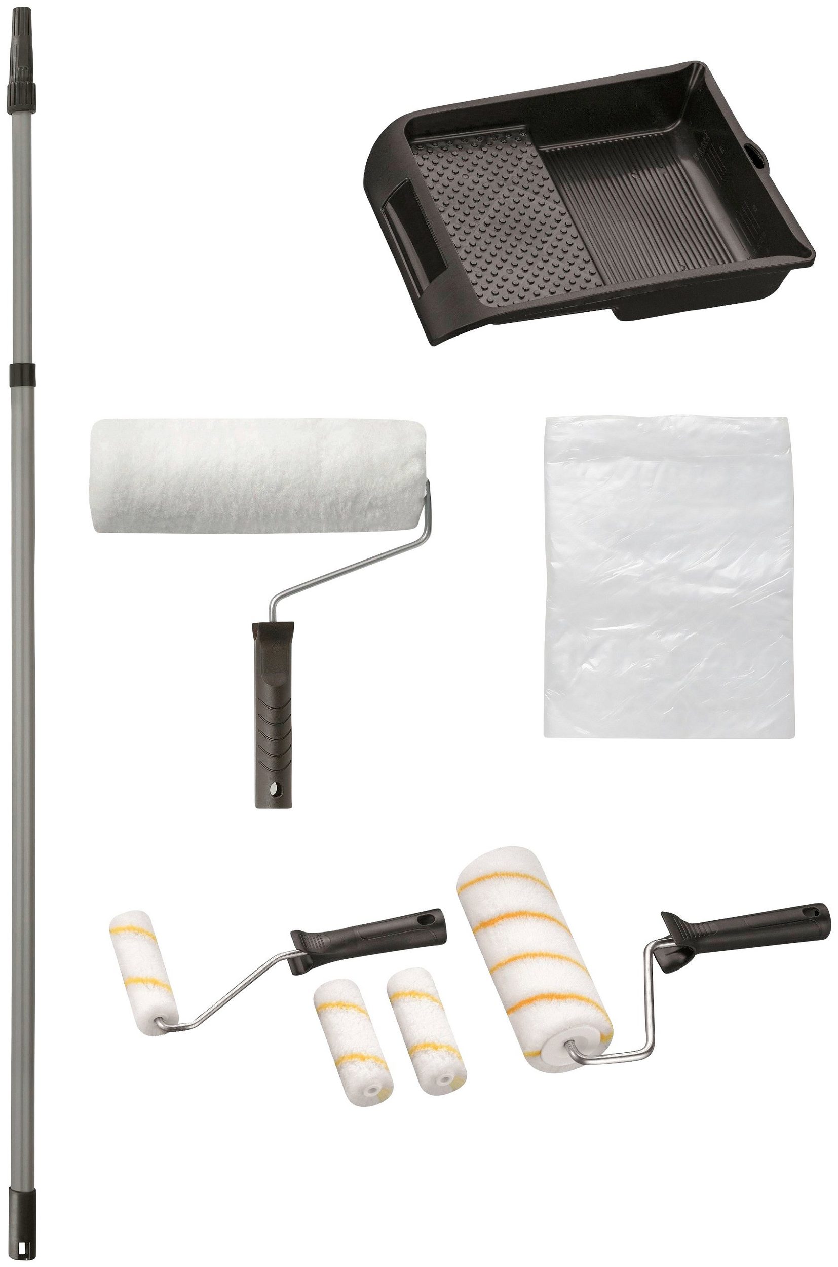 Bodenmeister Malerset »Renovieren Standard«, (Set, 10-St., Farbroller, Teleskopstange, Malerrollen, Farbschale), Renovierungsset für Decken- und Wandfarbe im Innenbereich