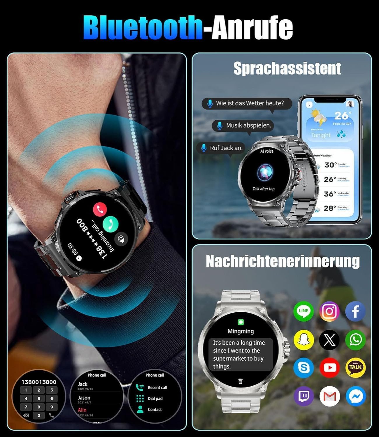 S&T Design Smartwatch Fitness Tracker Uhr für Herren mit Telefonfunktion Groß Smartwatch (iOS + Android) Geschenkbox, (Android und iOS), 1,85" AMOLED-Display Whatsapp Herzfrequenz-/Schlafüberwachung