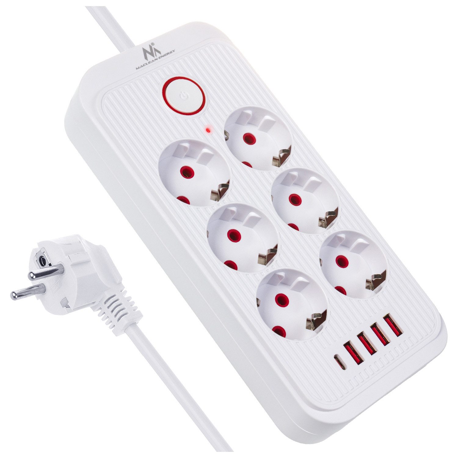 Maclean Steckdosenleiste 6 Steckdosen 2500W 4xUSB Mehrfachsteckdose 6-fach (Ein-/Ausschalter, Kabellänge 3 m), 110-240V AC 50/60Hz, 2,1A max 2500W