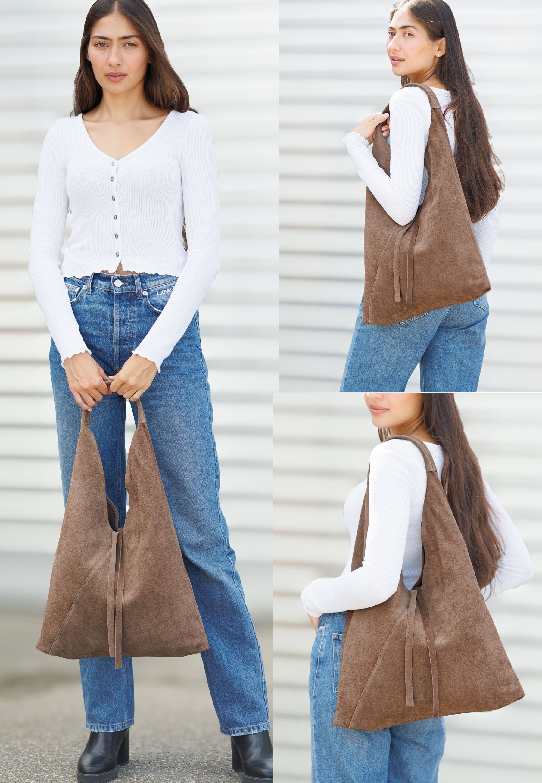Caspar Schultertasche große Damen Wildleder Hobo Handtasche - PREMIUM LINE - Modell No.863, 100% italienisches Wildleder, samtig weich, angenehmer Tragekomfort – Bild 2 von 5
