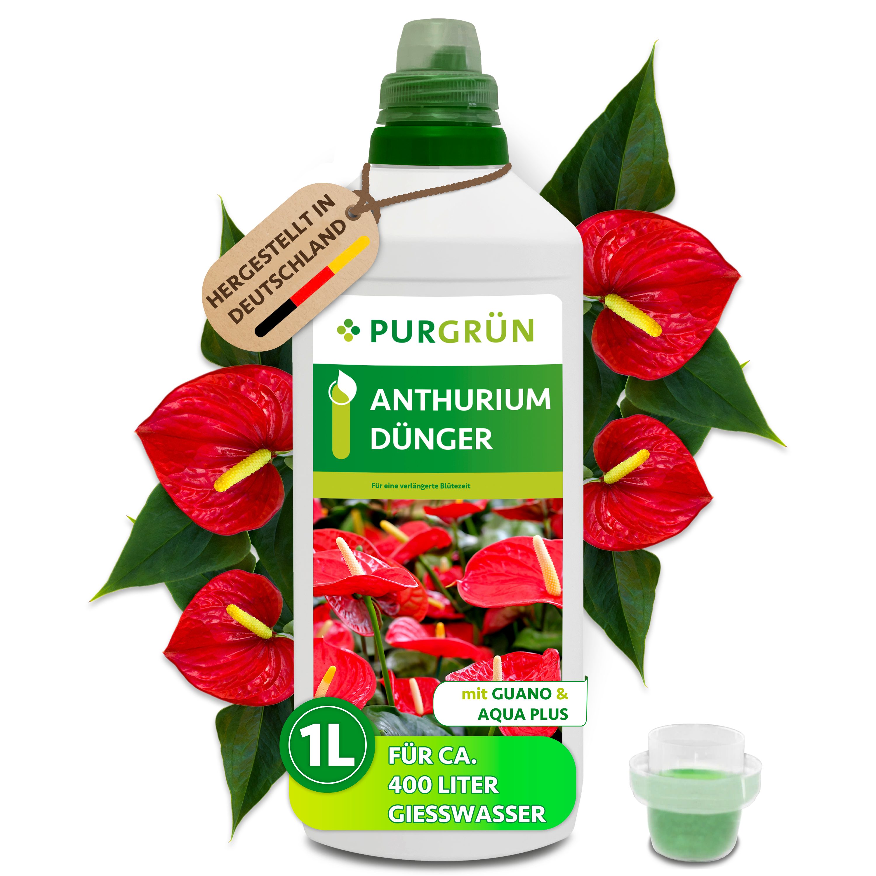 Purgrün Blumendünger Anthurium Dünger, NPK 8+8+6, Guano, Aqua Plus, 1 Liter, Flüssigdünger, 1-St., 1 Liter