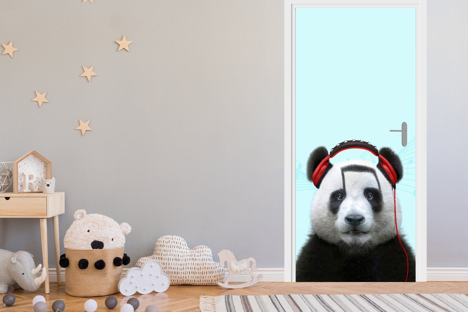 MuchoWow Türtapete Panda - Tür, Türaufkleber, 75x205 für Fototapete (1 - cm Matt, bedruckt, Kopfhörer Rot, Tier St), - - Musiknoten