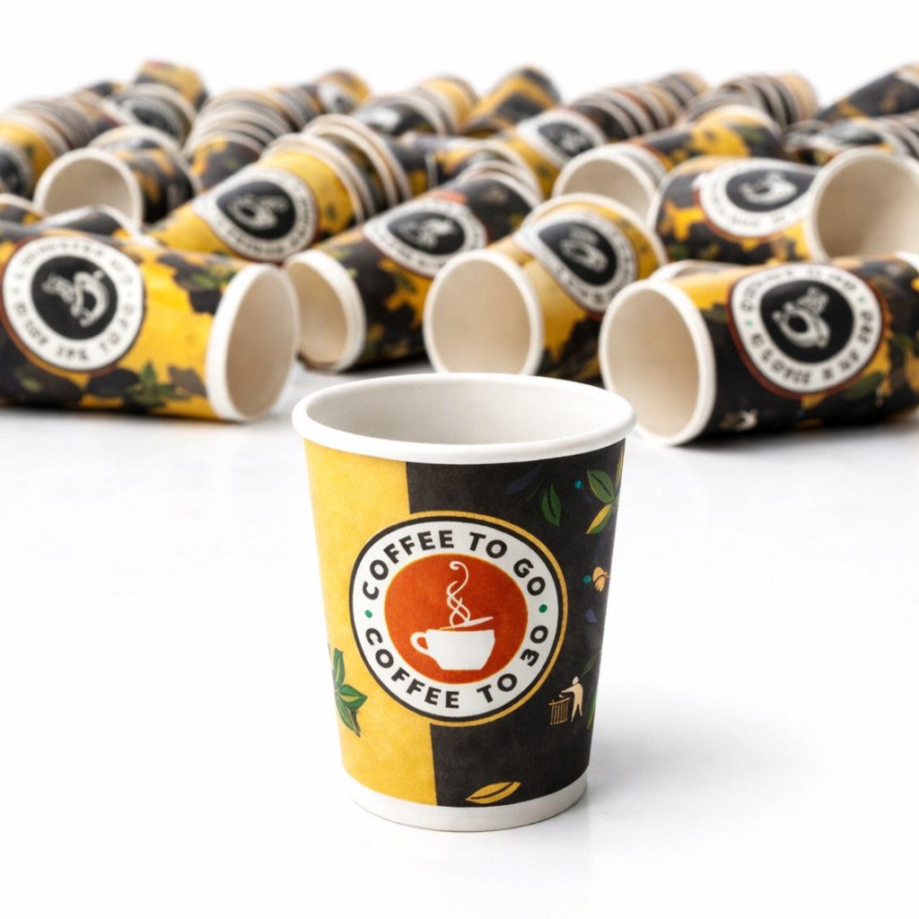 PACKEO Coffee-to-go-Becher Kaffeebecher To Go 200 ml (8 oz), Pappbecher für Heißgetränke, 200-tlg., Gelb/Schwarz