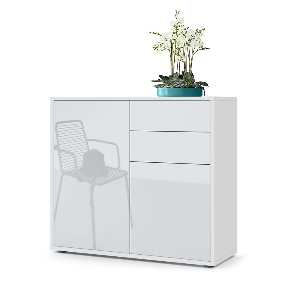 Vladon Kommode Ben V1 (Kommode, mit 2 Türen und 2 Schubladen), Weiß matt/Weiß Hochglanz (79 x 74 x 36 cm)