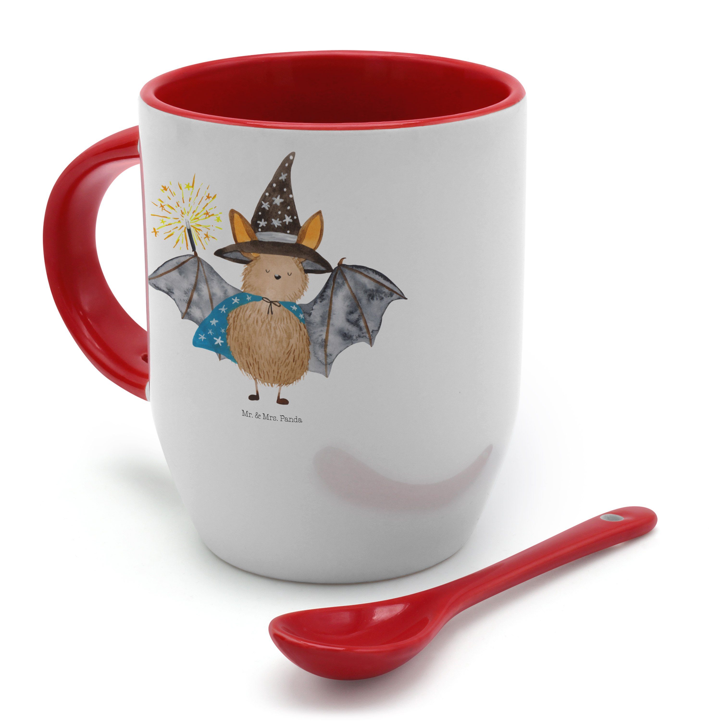 Löffel, Tasse - Keramik & Mr. Mrs. Kaffeetasse, Fledermaus mit - Geschenk, Panda Zauberer Weiß Tasse