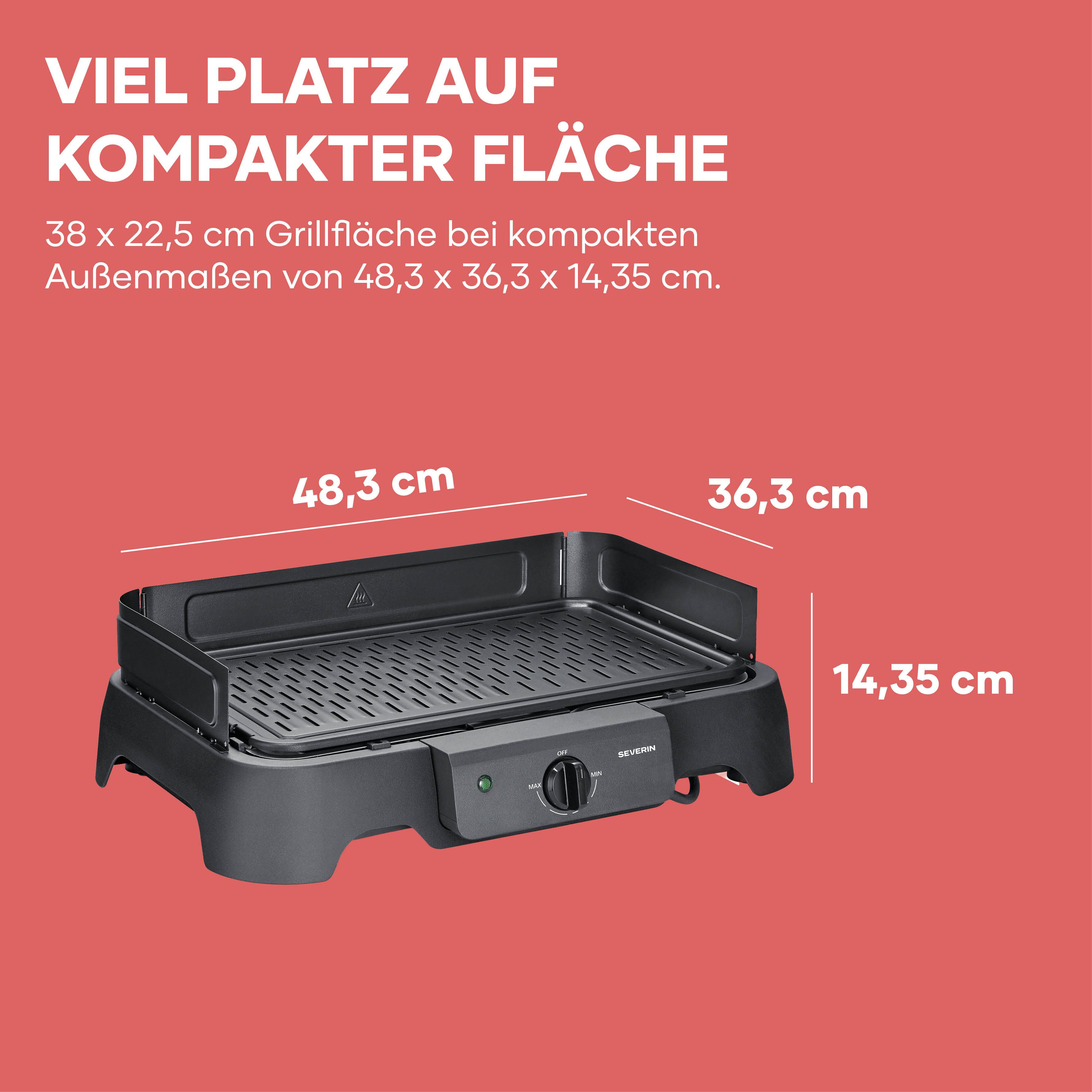 Severin Elektrogrill PG 8595, 2000 W, In- & Outdoor, Balkon & Küche, Temperatur 40-220°C, 39x23cm, schwarz
