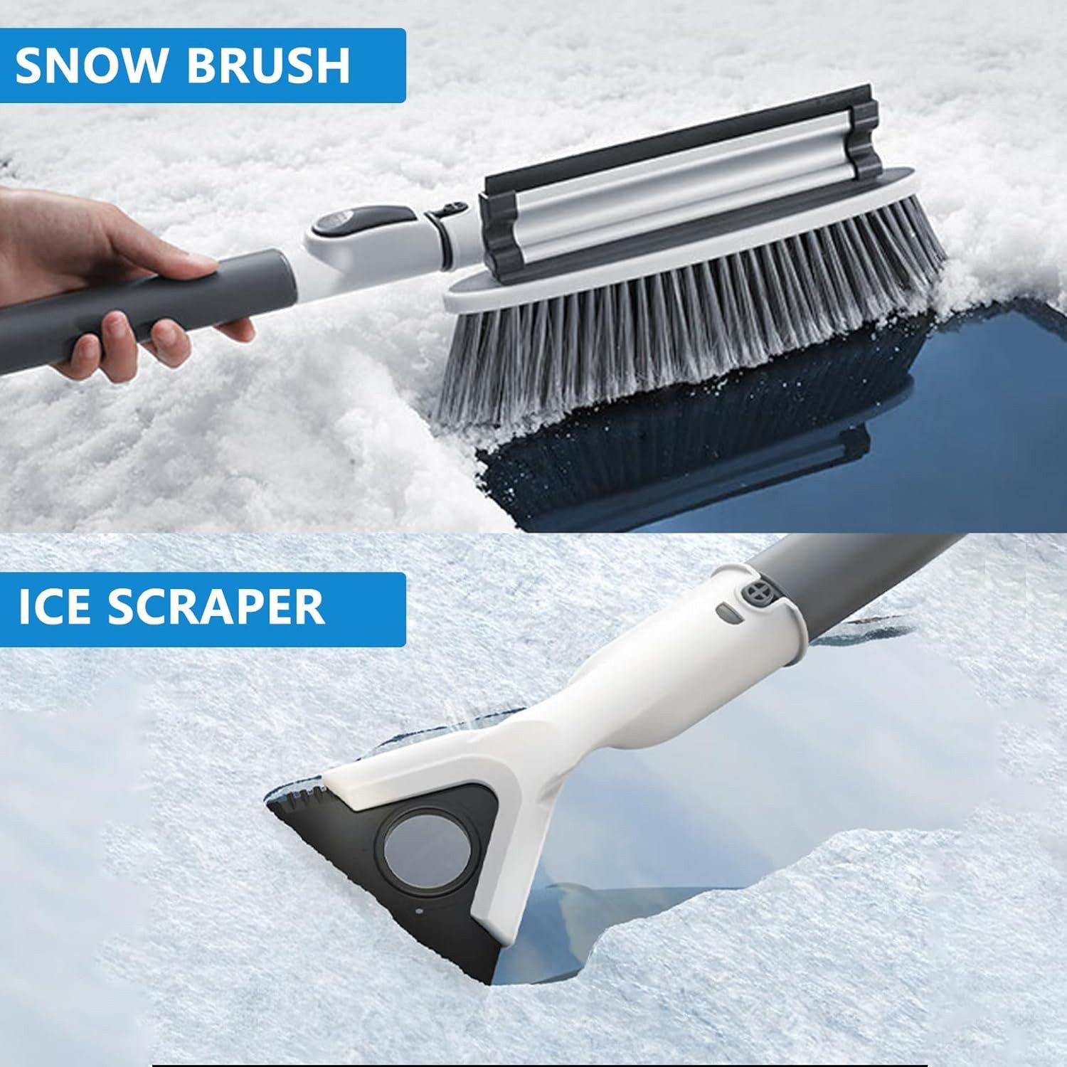 ZILXIAO 3-in-1 Car Ice Scraper with Snow Brush, Telescopic Handle and Rotating Head