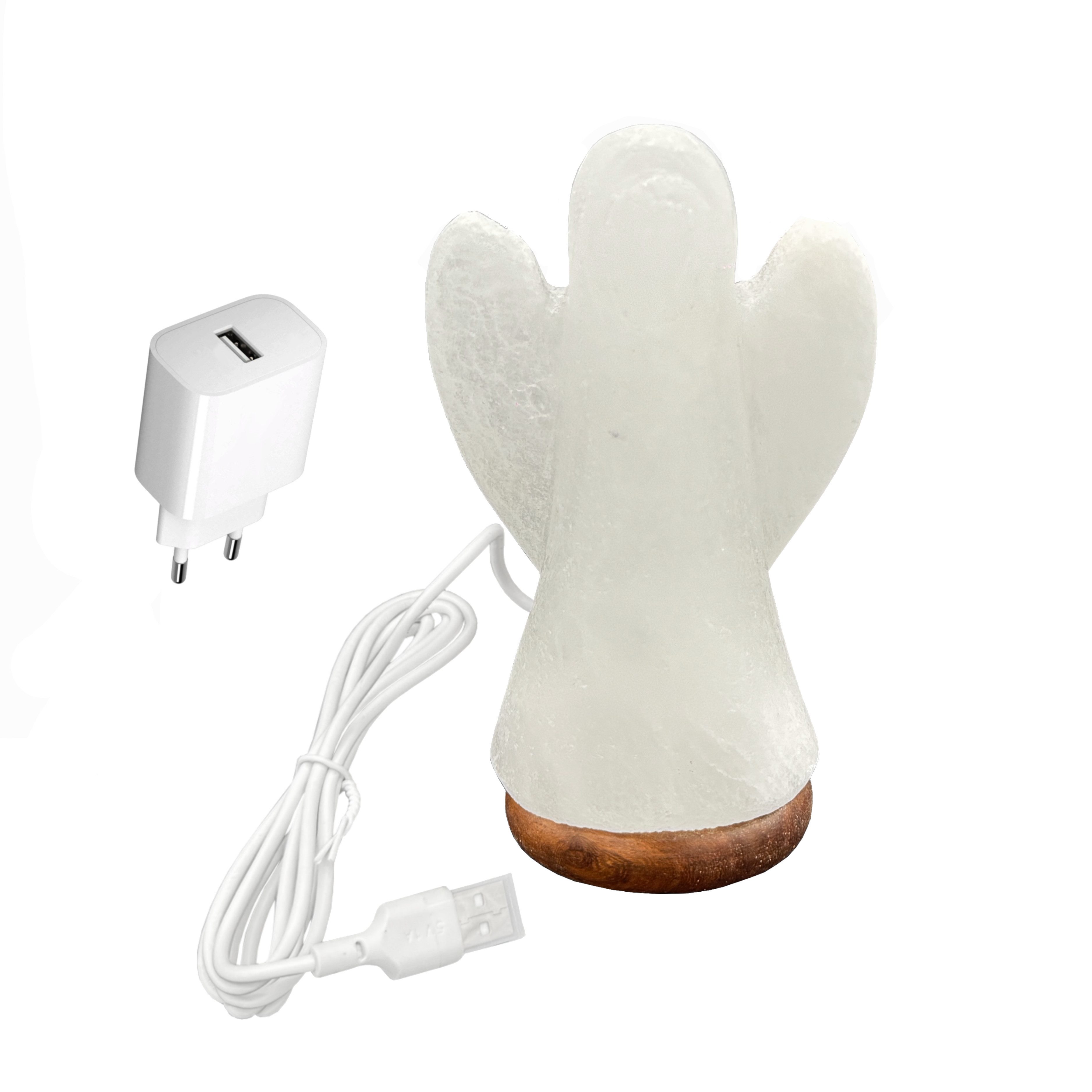HAF LED Nachttischlampe LED Beleuchtete USB Salzlampe ENGEL Weiß Kristallsalz mit Holzsockel, LED, Weiß, Als Tischlampe für Büro & Schlafzimmer