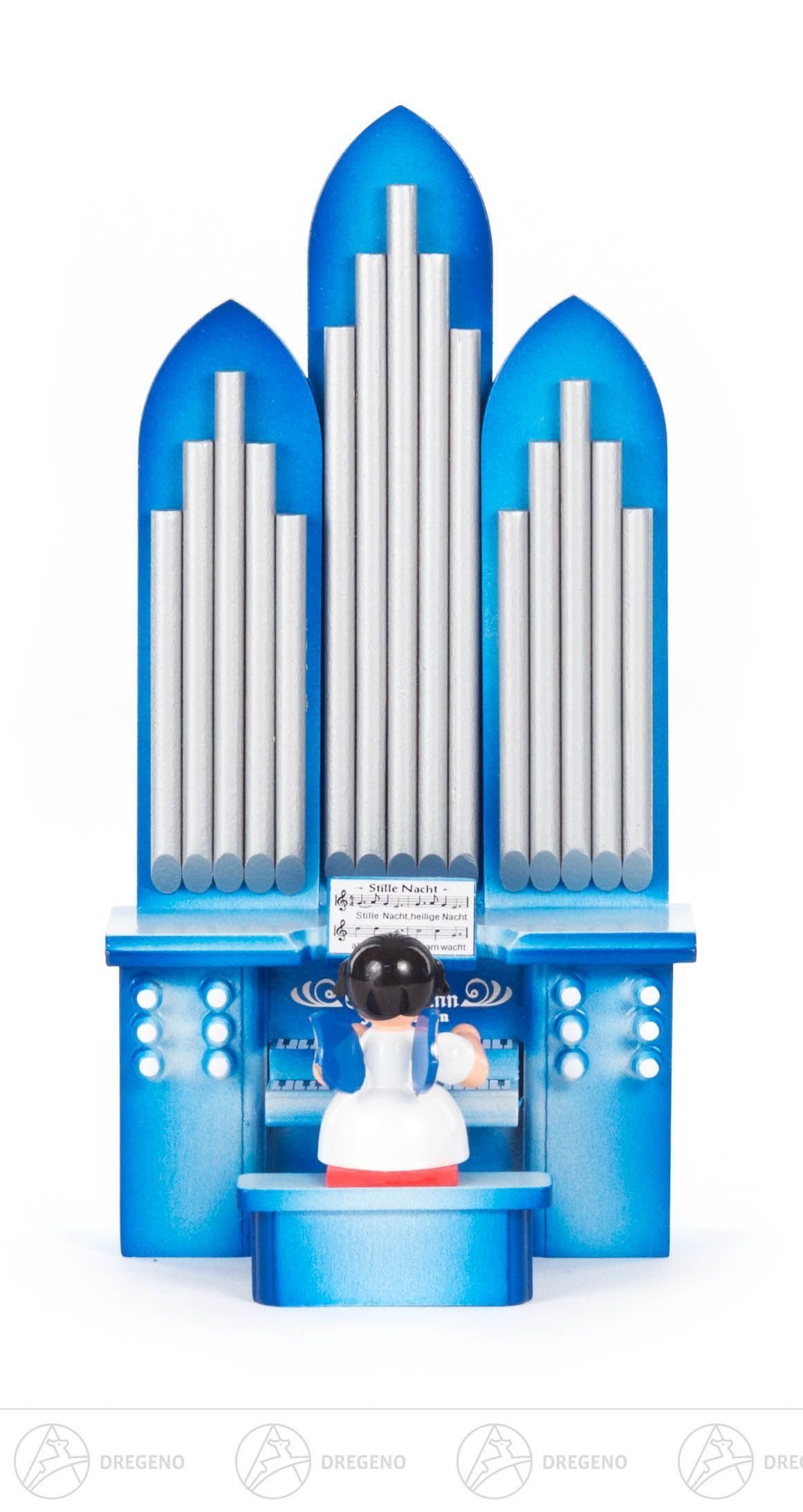 Dregeno Erzgebirge Engelfigur Engel an der Orgel mit Musikspielwerk, blaue Flügel Breite x Höhe x