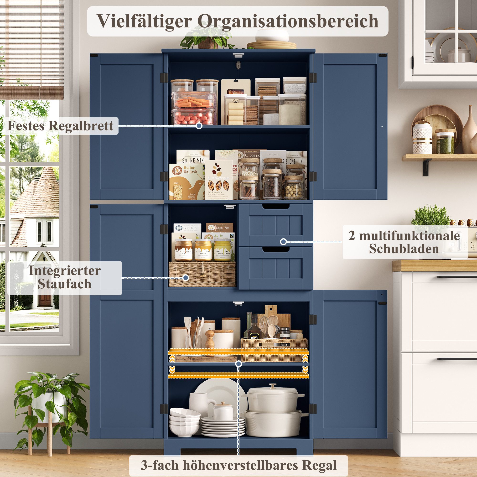 HOMECHO Hochschrank Badezimmerschrank mit 4 Türen 2 Schubladen für Wohnzimmer Küche Esszimmer Büro 164.5X 60x30cm – Bild 5 von 5