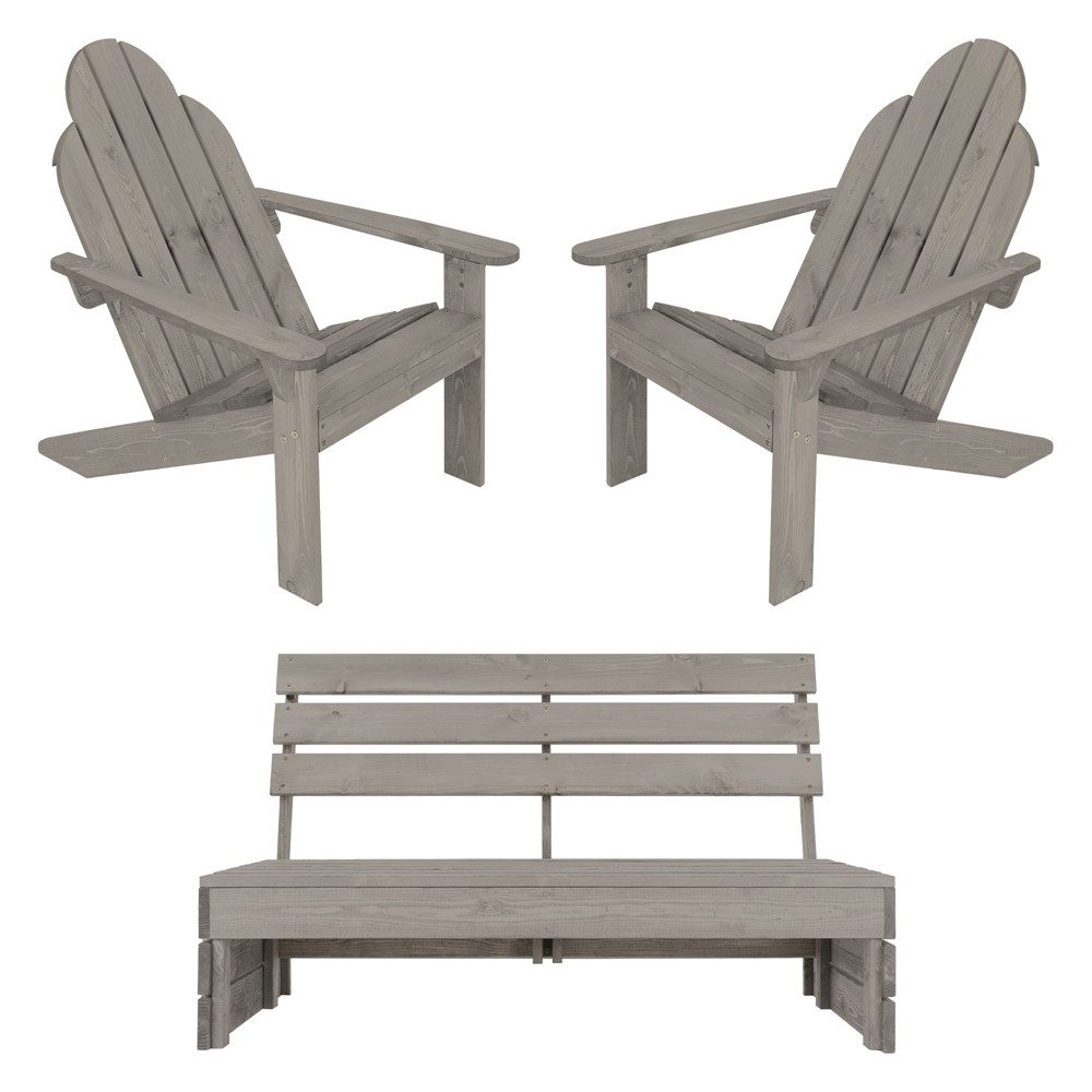 ML-DESIGN Gartenstuhl Sitzbank Holzbank Terrassenbank Hausbank Gartenmöbel Bank für Garten, 3-Sitzer Massivholz 116x76,5x80cm und 2x Adirondack Gartenstuhl Grau