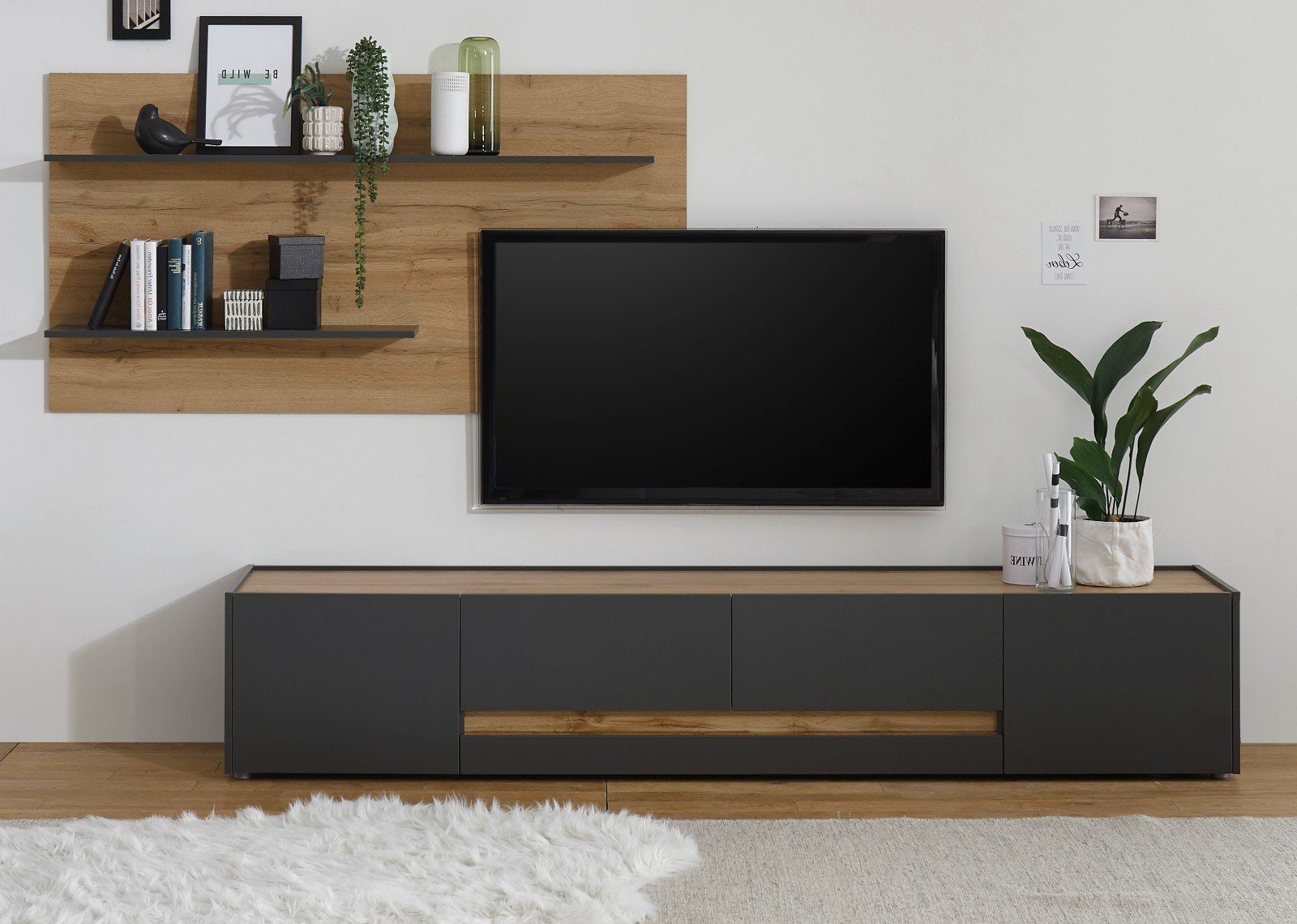 Center, und Wohnwand für TV cm 300 TV-Geräte, (Set Lösung Wandregal), mit Breite große Lowboard Furn.Design