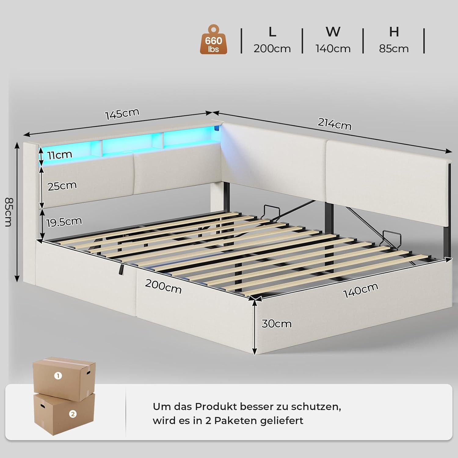 MSMASK Polsterbett mit USB-Steckdosen & LED-Kopftei, Hydraulischem Stauraum (1-tlg., Ohne Matratze), Daybett Kinderbett Jugendbett Schlafsofa 140x200 cm – Bild 2 von 5