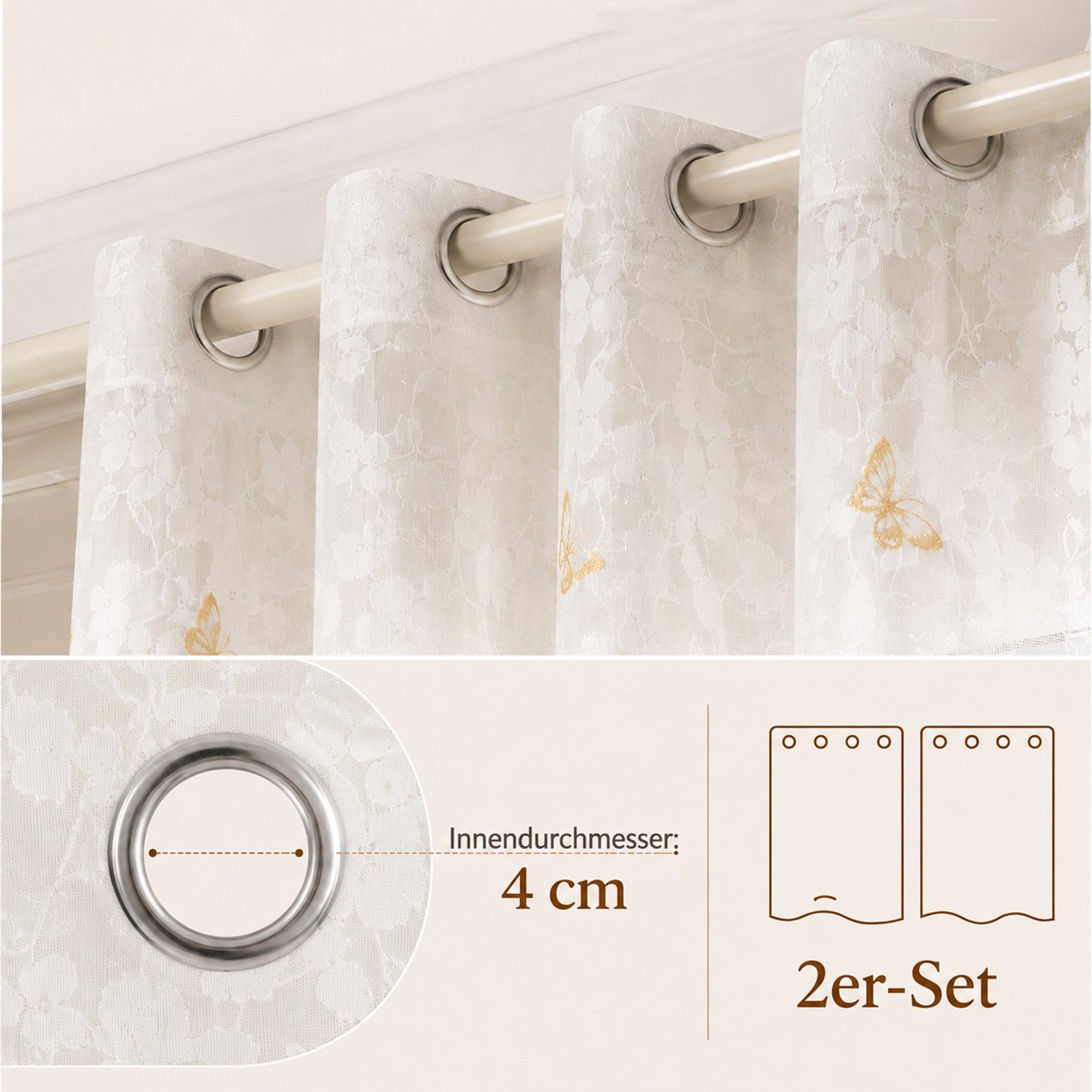 Lapamax Gardine Jacquard-Scheibengardinen mit Ösen, leicht & weich, Dekoschal, 2er-Set Voile-Vorhänge mit Gold-Schmetterlingen, Blättermuster – Bild 4 von 5