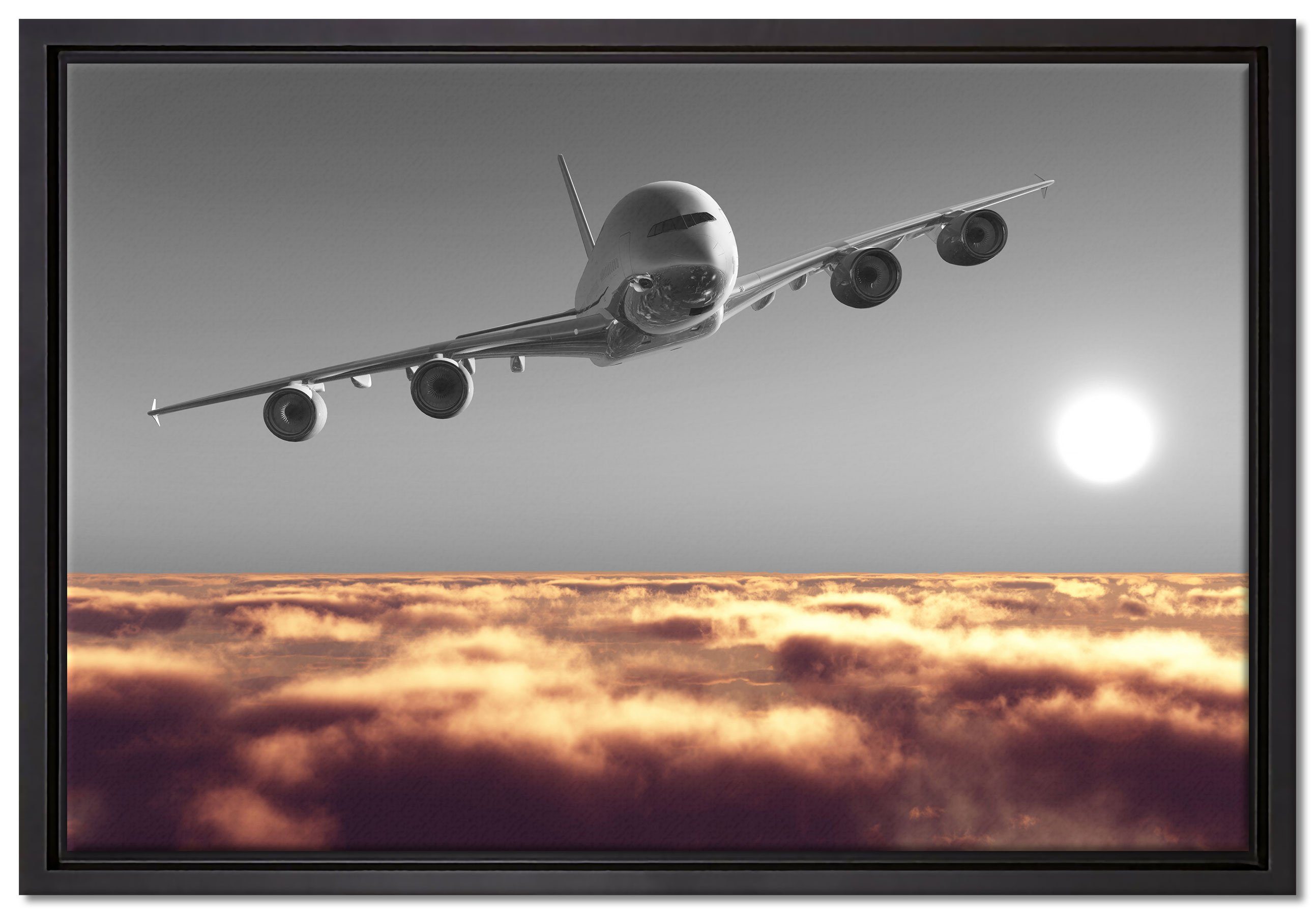 Schattenfugen-Bilderrahmen Flugzeug Wolkenmeer, fertig in Pixxprint bespannt, Leinwandbild (1 über gefasst, Wanddekoration inkl. Leinwandbild einem Zackenaufhänger St),