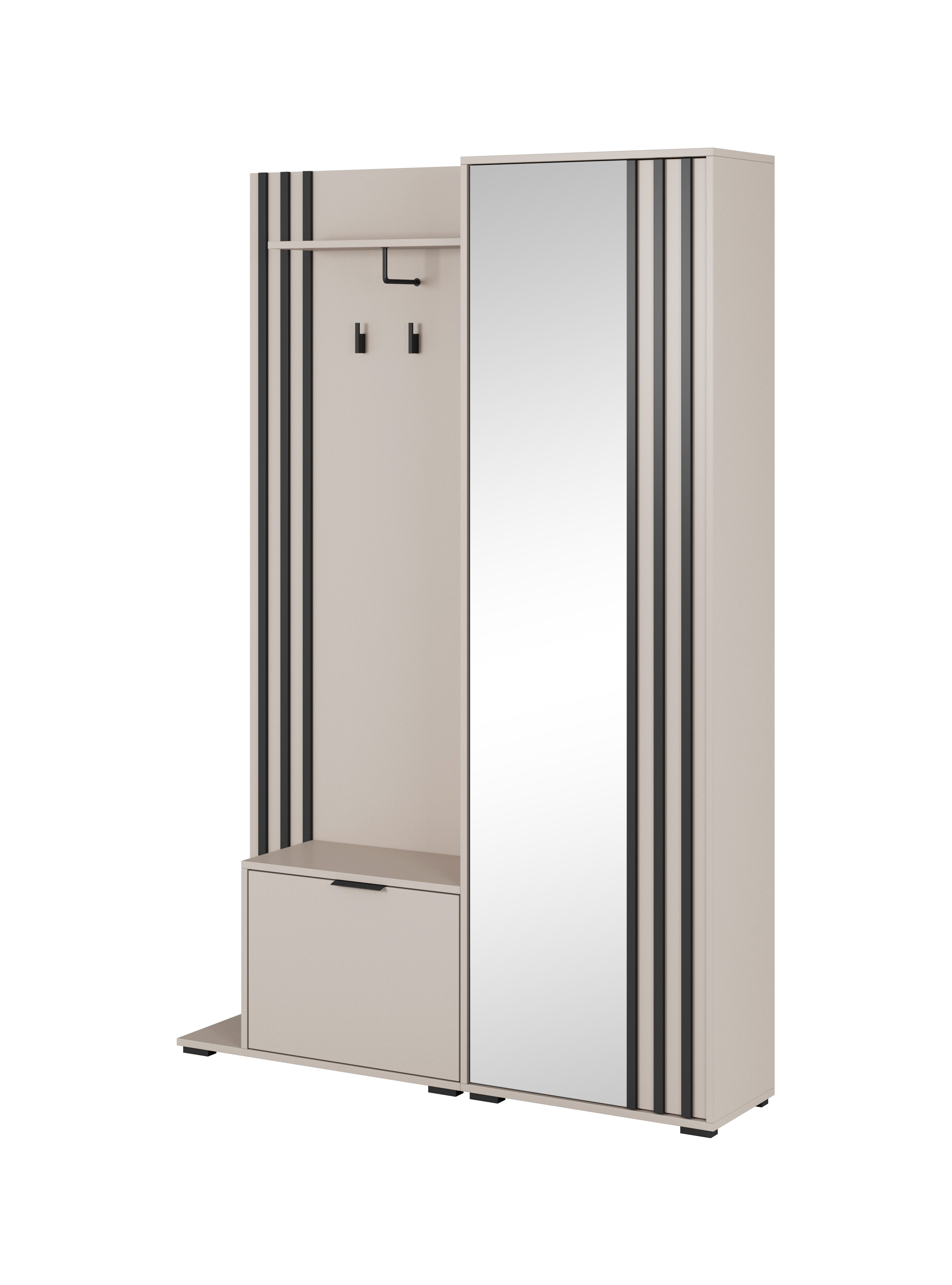 MOEBLO Kompaktgarderobe JOHN (Dielenschrank Wandschrank Regal Diele & Flur Kleiderschrank Schuhschrank, mit Spiegel Flurgarderobe Schrank Kompaktgarderobe), (BxHxT): 135x197x34cm