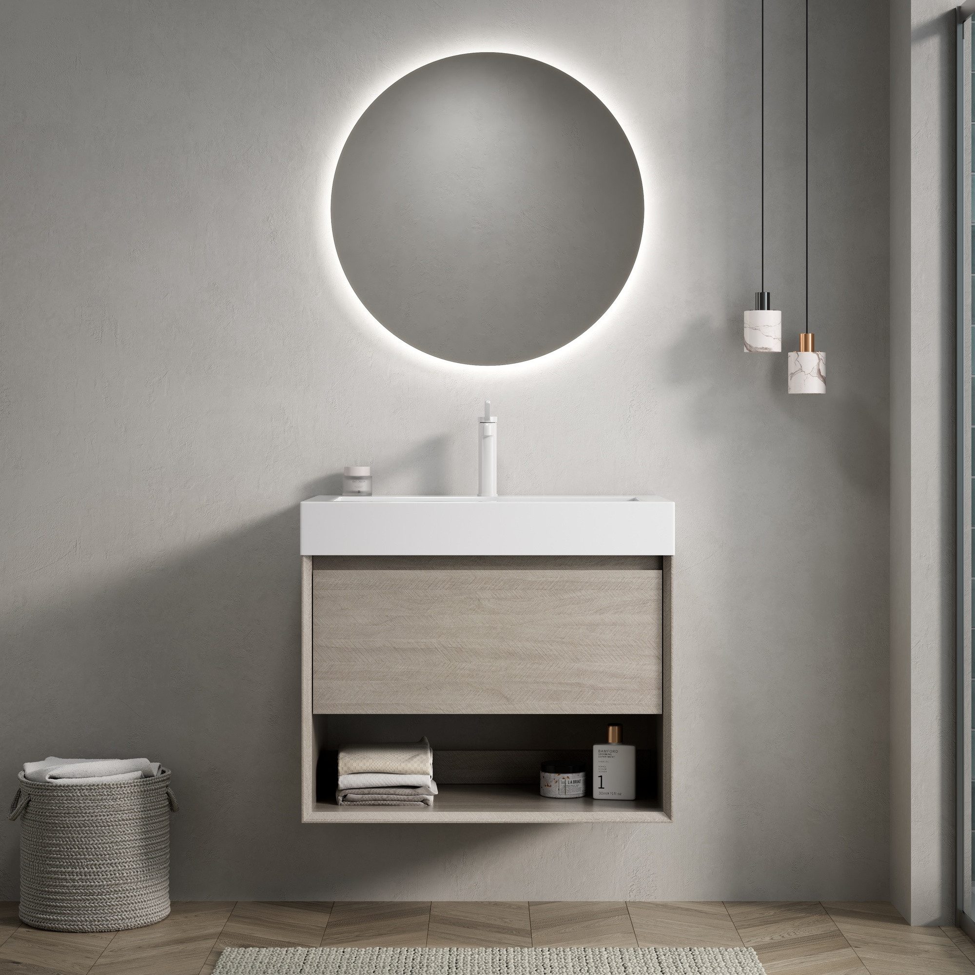 IDEASY Waschbecken 70cm Wand-Waschtisch Resinbecken +Schublade Eiche hell