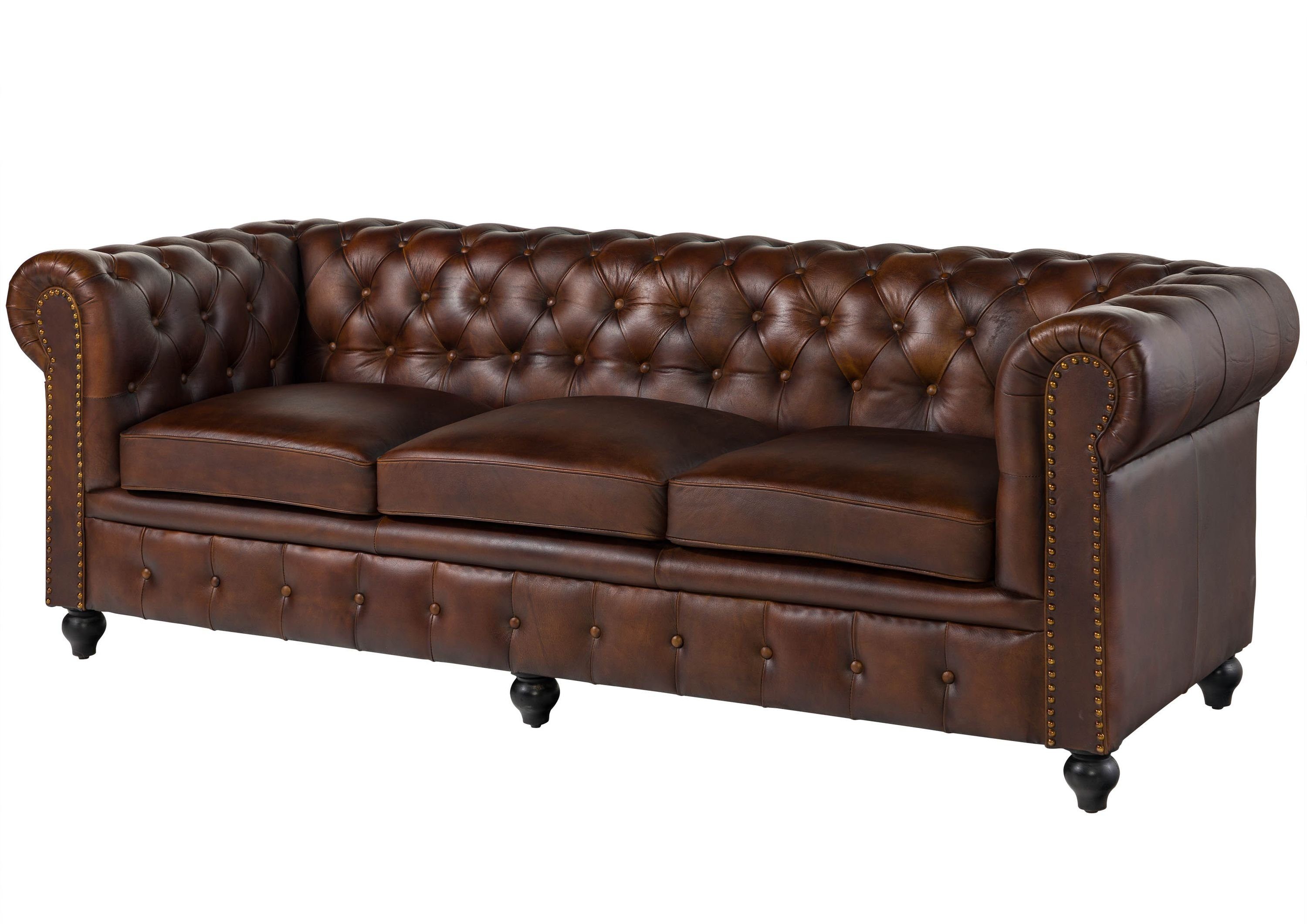 Massivmoebel24 Sofa, Sofa 3-Sitzer Echtleder 216x82x75 braun CHESTERFIELD #103