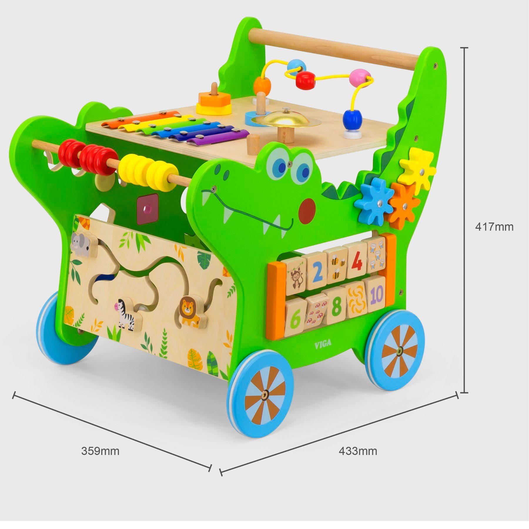 TikTakToo Lauflernwagen Baby Aktivity Walker, Lauflernwagen Lauflerner, Motorikbrett, (mit Xylophon, Glocke, Stapelspiel, Motorikspieltisch auf Rädern mit Formensteckspiel, Motorikschleife), aus FSC-Holz, mit Gummilaufringen und Motorikspielzeug, Motorikwürfel